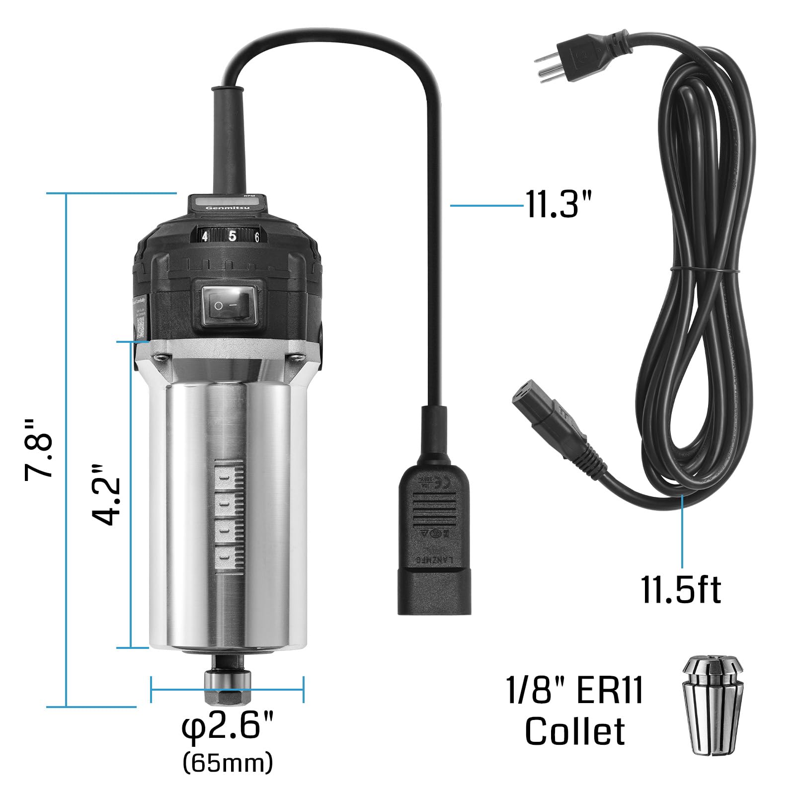 Genmitsu 710W CNC-Kompaktfräse, 65 mm Durchmesser, Spindelmotor mit LCD-Digitalanzeige, 6 einstellbare Geschwindigkeiten, 1/8" ER11 Spannzange, 4 Kohlebürsten, für CNC-Fräsmaschinen