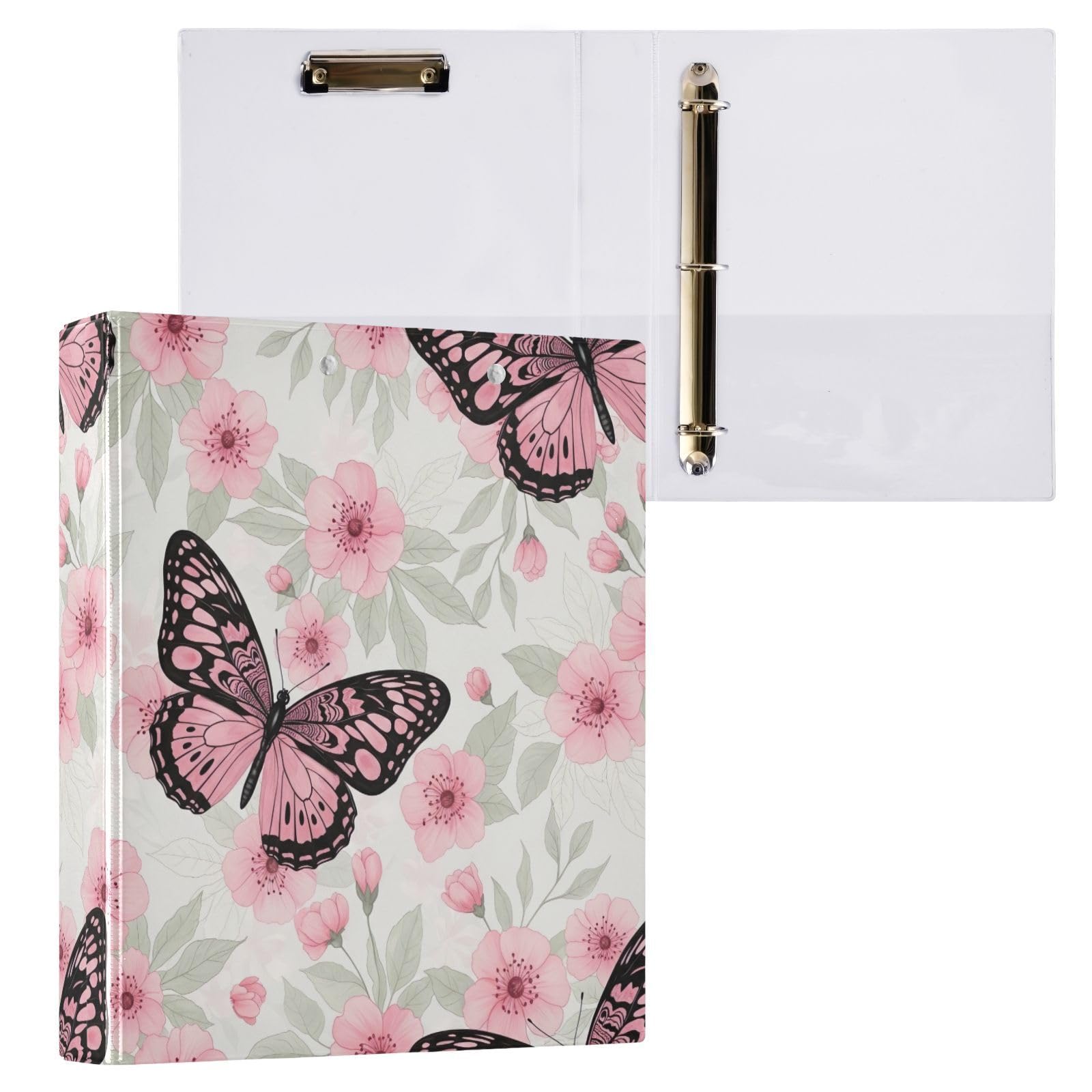 Confezione da 2 raccoglitori ad anelli con 3 anelli, motivo farfalle, fiori e foglie pallide, con portablocco, grandi raccoglitori a 3 anelli, per scuola, università, ufficio