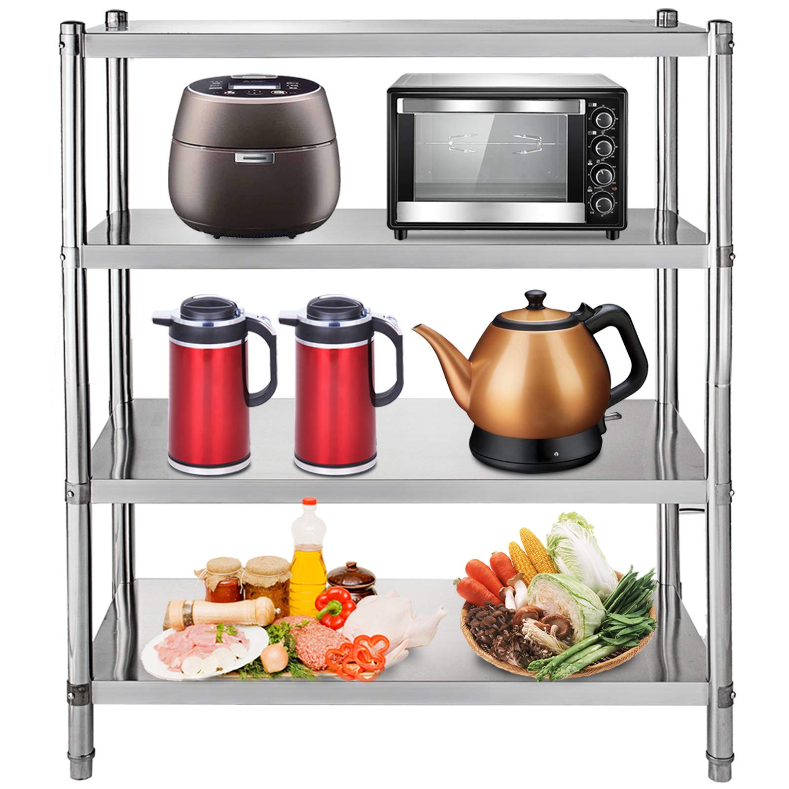 VBENLEM Étagères Inox de Rangement de Cuisine Capacité de Charge 150 kg Table à Épices à 4 Niveaux avec Accessoires d'Assemblage Meuble pour Cuisine Garage Atelier Entrepôt Balcon 122x48x150 cm