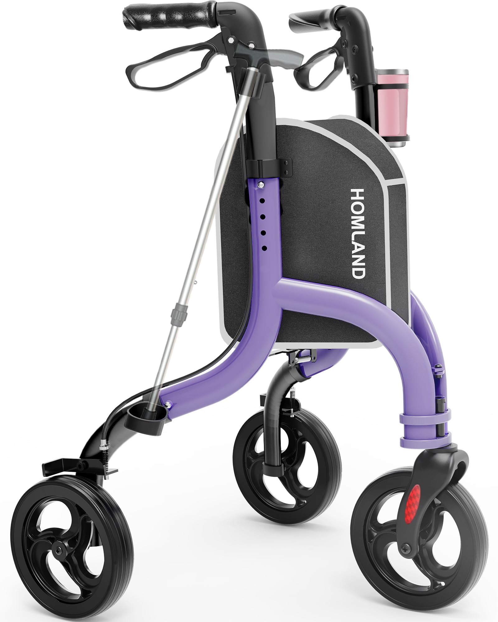 HOMLAND 3 Wheel Walkers for Seniors, Foldable Wheeled Rollator with Cane Hold and Cup Hold, Lightweight Three Wheel Rolling Walker Height Adjustable for Seniors