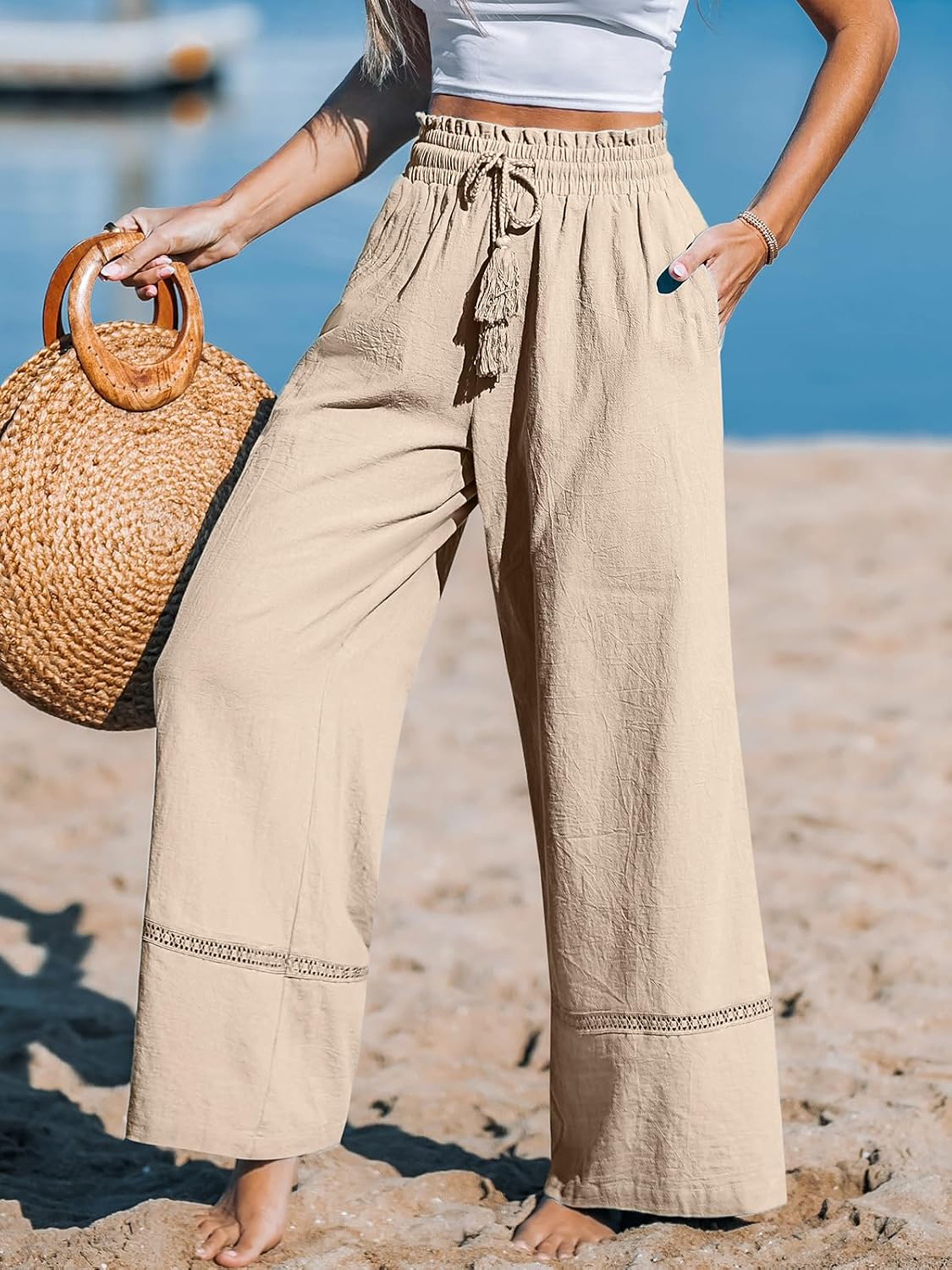 CUPSHE Women's Wide Leg Pants with Pockets High Waisted | 100% Cotton, Flowy Palazzo Pants, Summer Casual Beach Trousers, Lightweight