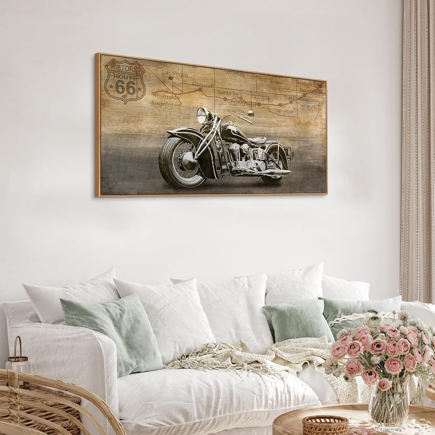 Framed Motorcycle Canvas Wall Art - Historic Route 66 Retro Vehicle Pictures for Men Boys Bedroom Wall Decor Modern Motorcross Canvas Print Artwork Home Office Wall Decoration 20" x 40"