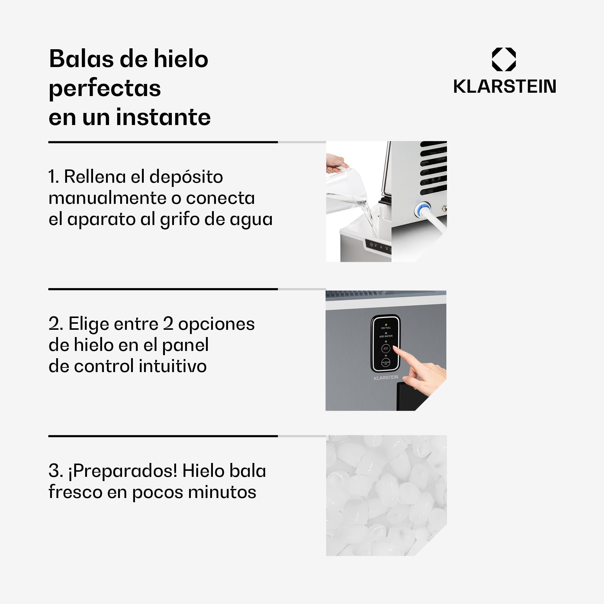 Klarstein Máquina de Hielo 15 kg - Acero Inoxidable, 2 Tipos de Hielo, Depósito 1.8L, Panel LED, Alarma Nivel Agua, Compacta & Potente, Ideal para Casa/Fiestas
