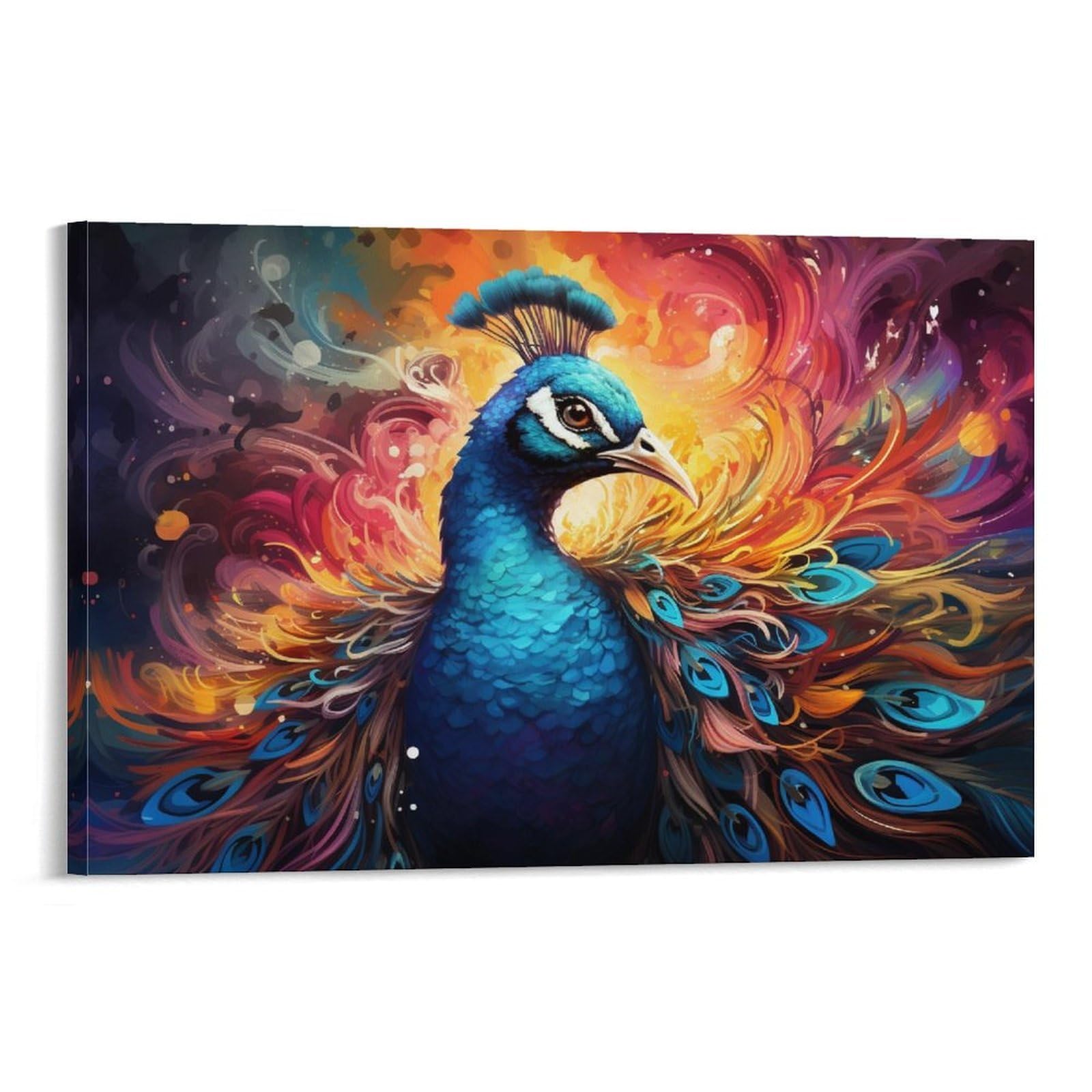 CPLVKWRQJ Bright Magical Colorful Single Peacock with Colorful Swirling Feathers Canvas Print - Office Wall Focal Art Fade Resistant Statement Piece Ready to Hang 20x30inch(50x75cm)