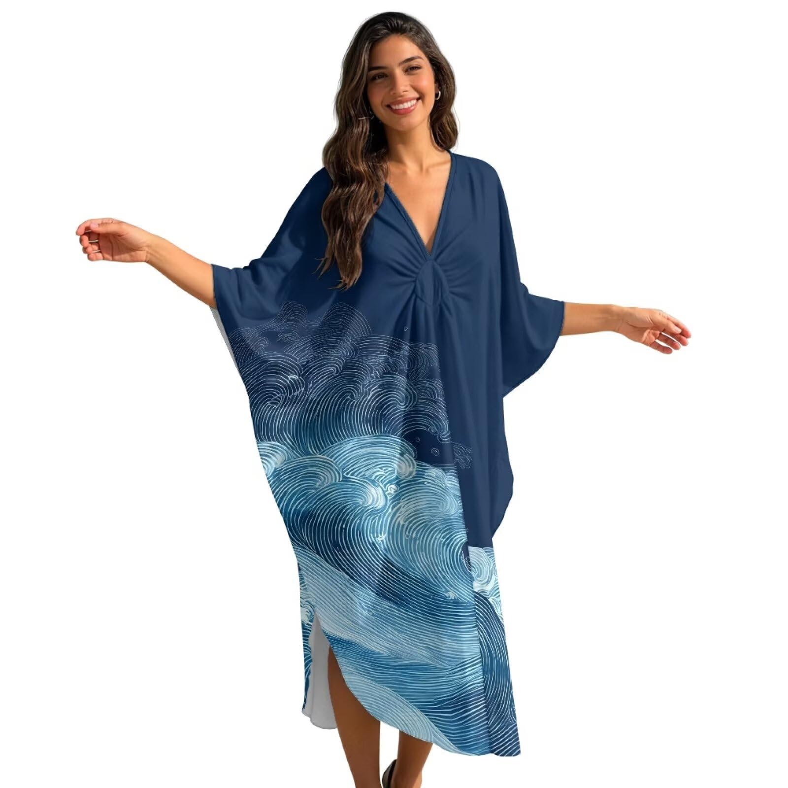 Xoenoiee Abito caftano da donna con scollo a V, taglie forti, maniche lunghe a pipistrello, copricostume estivo da spiaggia