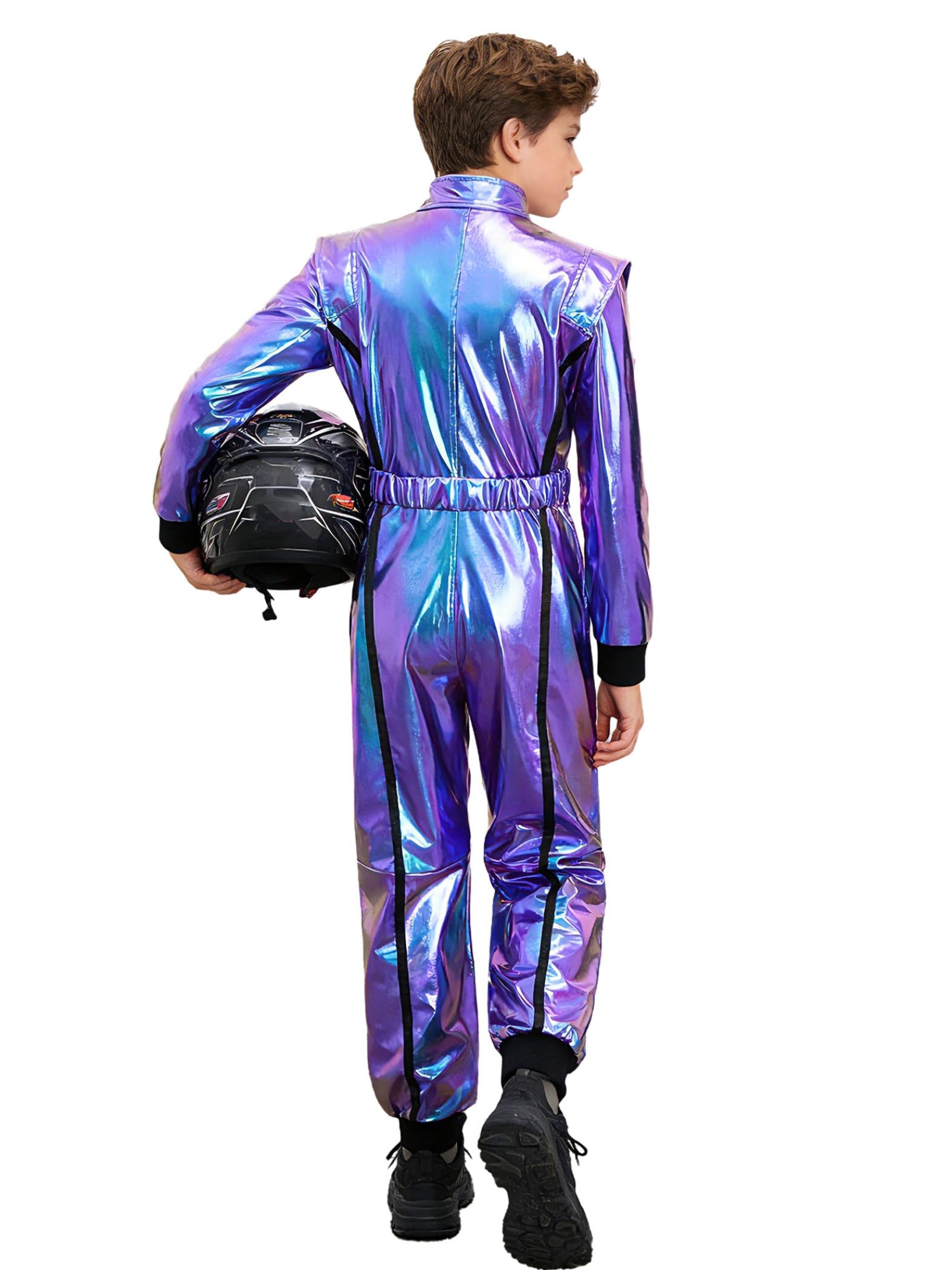 Completo Motocross Per Bambini Tuta Da Pilota Di Auto Da Corsa Body Metallizzato A Manica Lunga Jumpsuit Con Cerniera E Cintura Costumi In Maschera