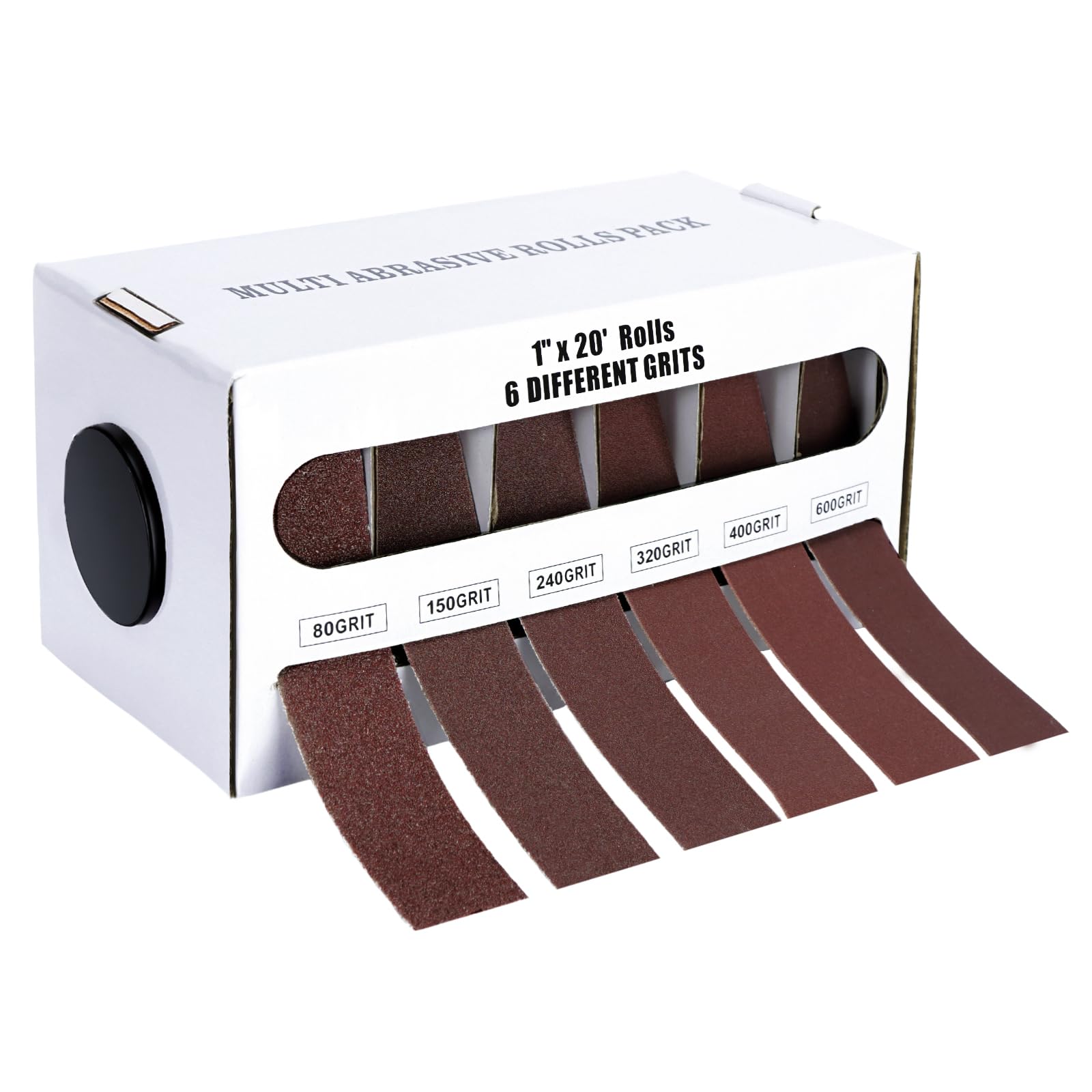 Zymuegist 6 Grits Emery Cloth Rolls Set with Dispenser, 80/150/240/320/400/600 Grit Sandpaper Roll 1" x 20 Ft Abrasive Sandpaper Wet and Dry for Metal, Wood, Furniture Polishing (6 Grits)