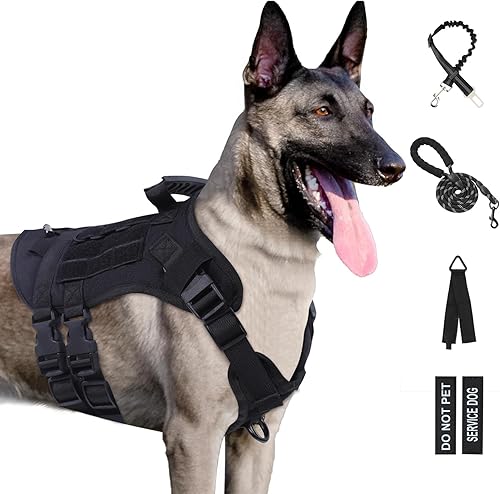Yungaspy Arnés táctico sin tirones para perros grandes, juego de arnés y correa Molle a prueba de escapes, arnés ajustable para perro de servicio