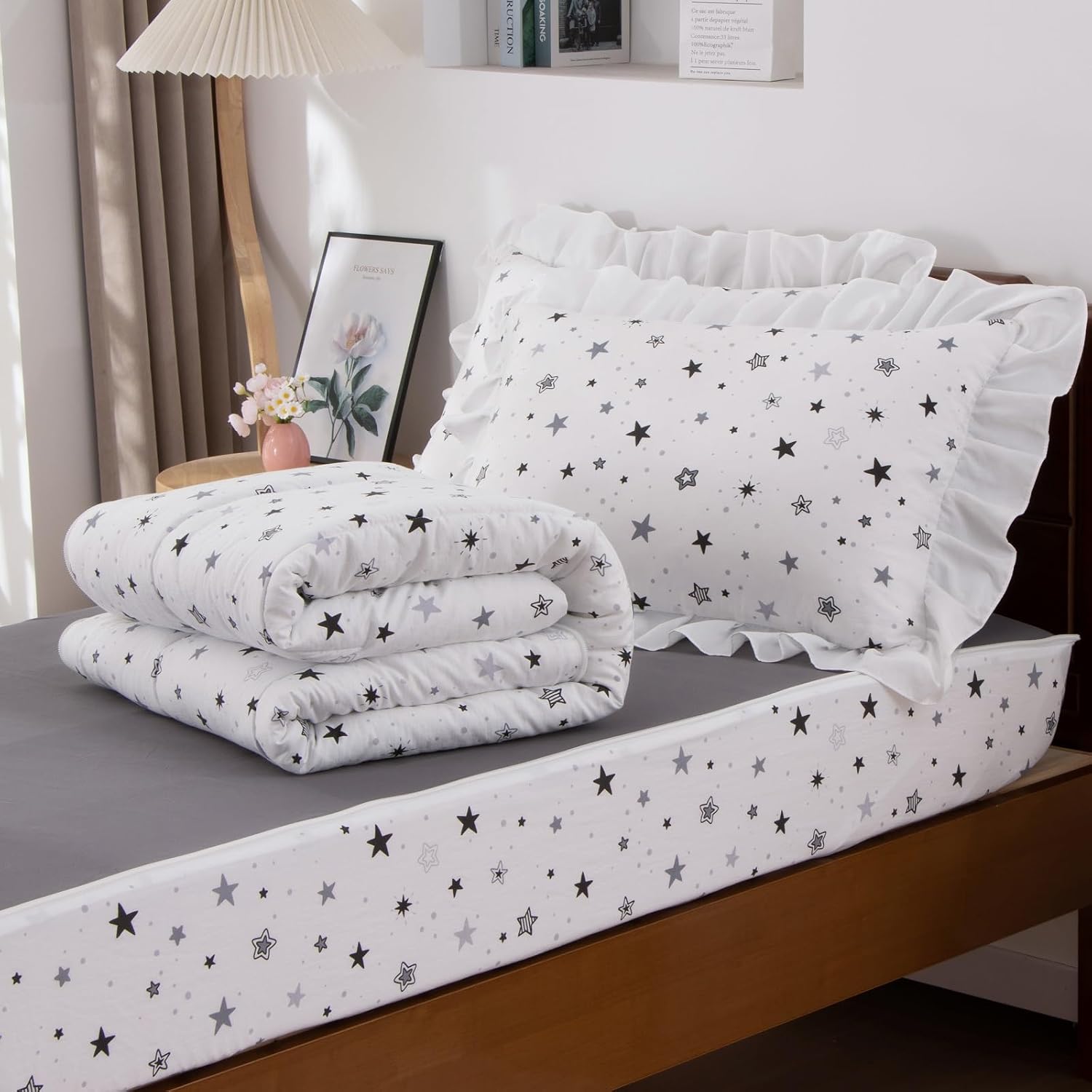 A Nice Night Star Gillter Pattern,Ruffled Zippered Kids Comforter Sets