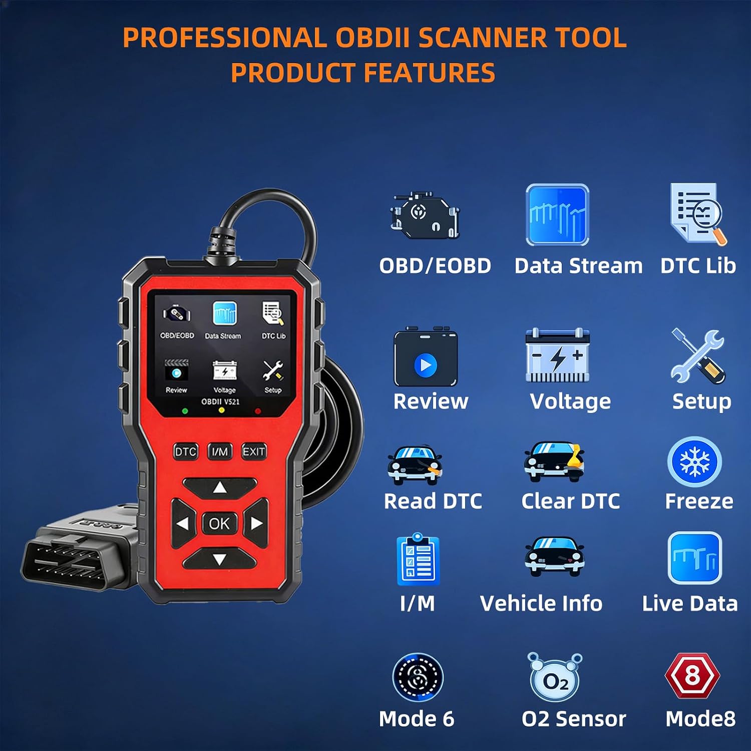 2026 Upgraded OBD2 Scanner Diagnostic Tool, Car Code Reader & Car Diagnostic Scanner, Check Engine Code Reader with Live Data, I/M, Mode 6/8, Battery Voltage, Read & Clear Error Codes (Red)