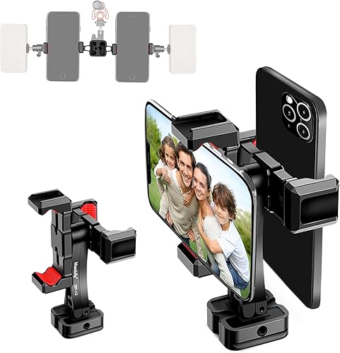 Manbily Soporte de trípode para teléfono, adaptador de metal para teléfono inteligente con soporte para teléfono doble, giro de 360, abrazadera de