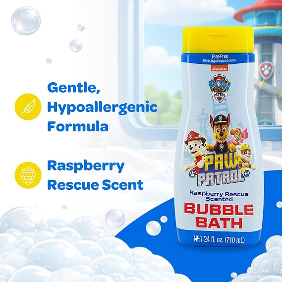 Paw Patrol Scented Bubble Bath Liquid 24 fl oz - Hypoallergenic for Sensitive Skin, No Tears, Dyes, or Parabens, Raspberry Rescue Scented, Long Lasting Bubbles