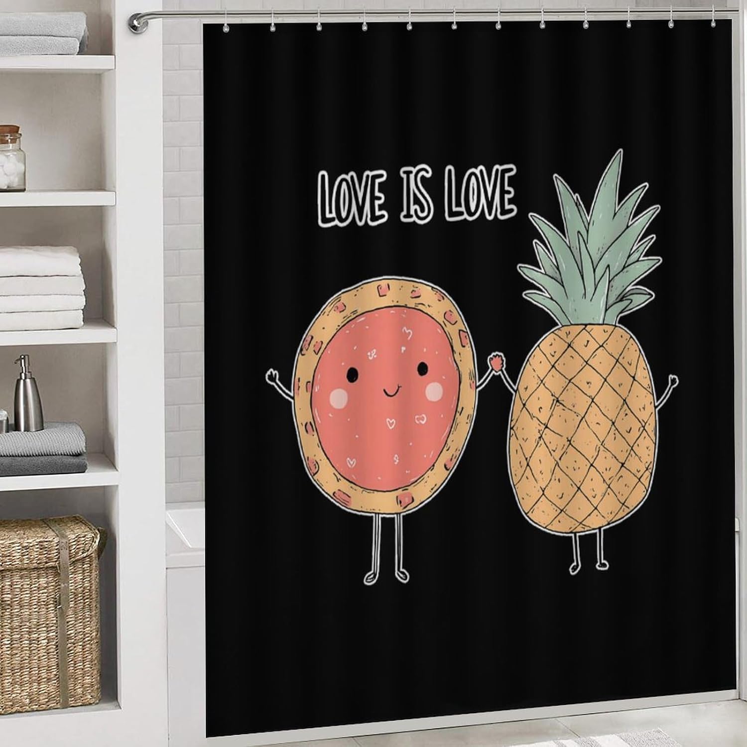 Love is Love Pineapple Pizza Bathroom Sets with Shower Curtain and Rugs 4 Piece with U-Shaped Floor Mat Toilet Lid Cover