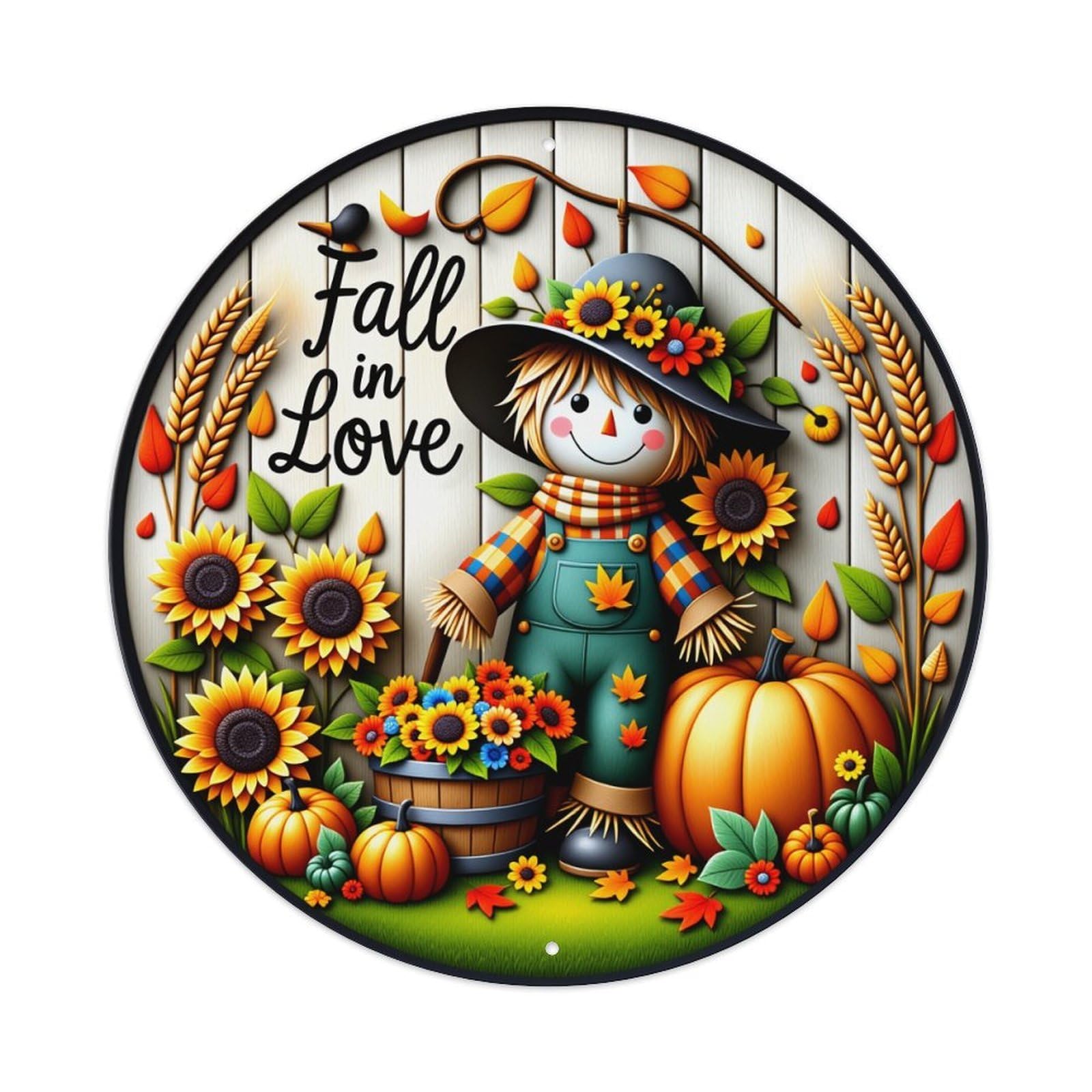 Fall In Love Scarecrow Pumpkin Round Tin Sign Vintage Metal Poster Retro Bar, Home, Man Cave, Kitchen, Laundry Room Wall Art Decor Gift 8x8Inch