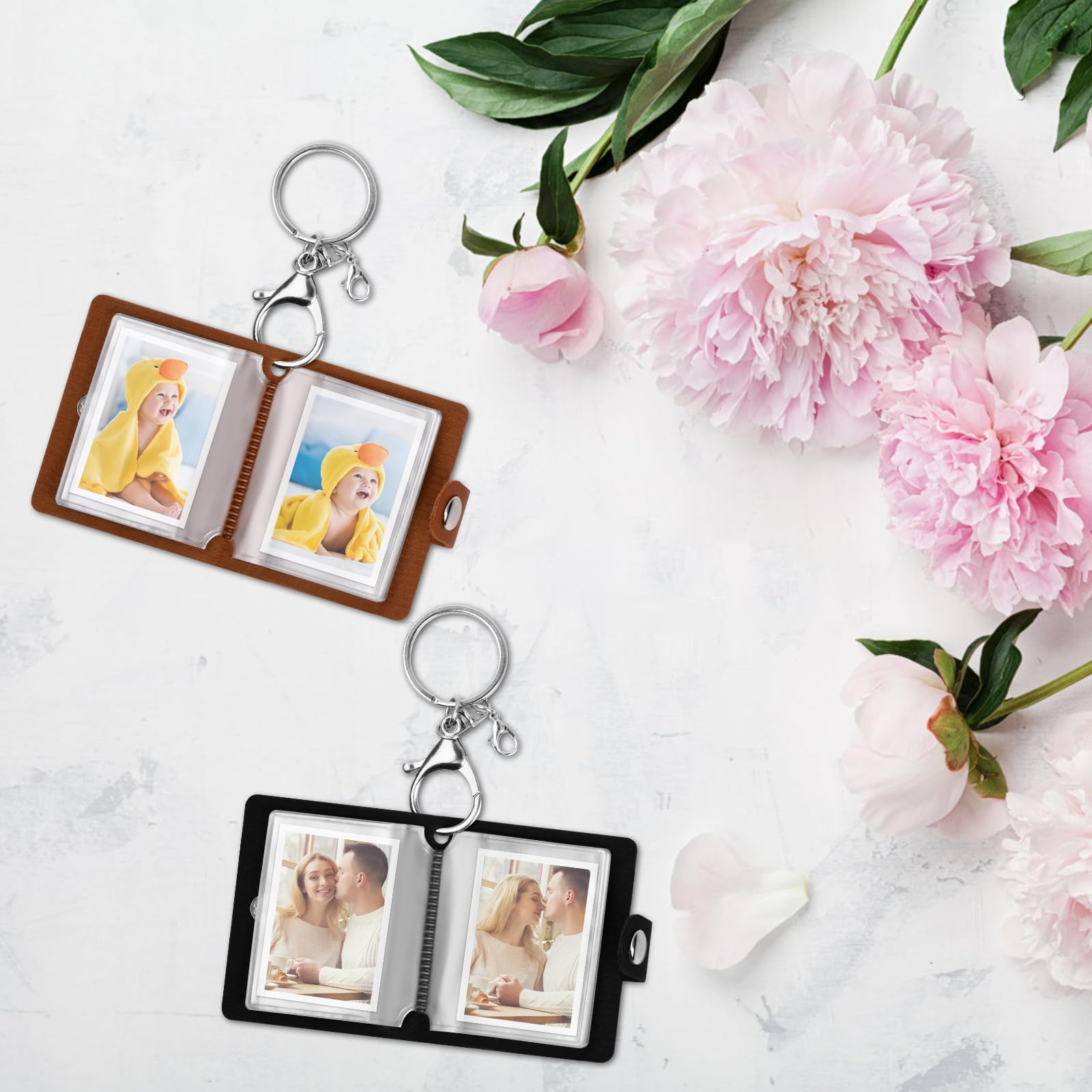 2 szt. album na zdjęcia mini z brelokiem, może przechowywać 20 zdjęć 2 cali, spersonalizowany mały album fotograficzny, brelok na zdjęcia - czarny + brązowy, prezenty dla rodziny i przyjaciół