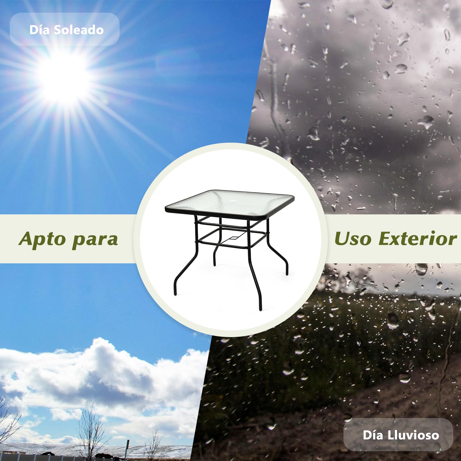 RELAX4LIFE Mesa Auxiliar de Vidrio Templado y Marco de Metal con Agujero para Sombrilla Ø33mm, Mesa Exterior para Jardín, Balcón, Terraza y Bistro, Carga 80 kg, 81x81x71cm (Cuadrado)