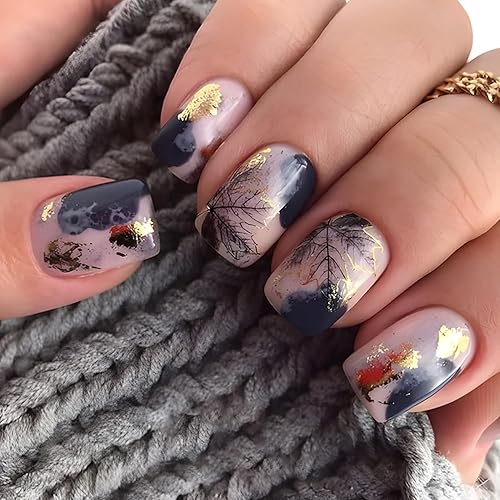 Fall Maple Leaves Press On Nails Short Square Fake Nails