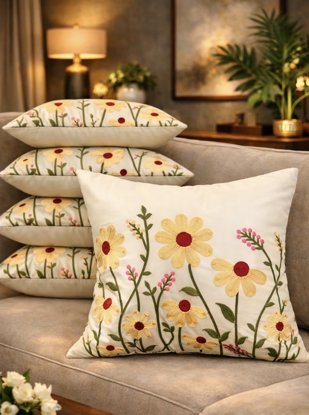 lofey satin cushion cover 16 inch x 16 inch set of 5 floral aari embroidered cushion covers, decorative throw pillow covers for sofa couch, living room, bedroom, home decor (without filler) (cream)