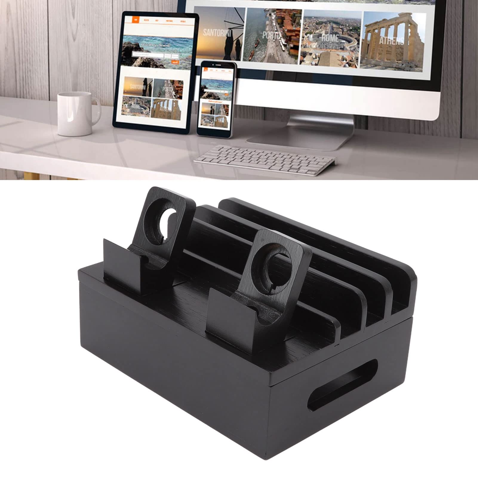 Station De Charge, Station De Charge pour Plusieurs Appareils, Organisateur De Bureau, Support De Station De Charge Multifonction à 5 Ports pour Téléphones Tablettes Montres électroniques(Noir)