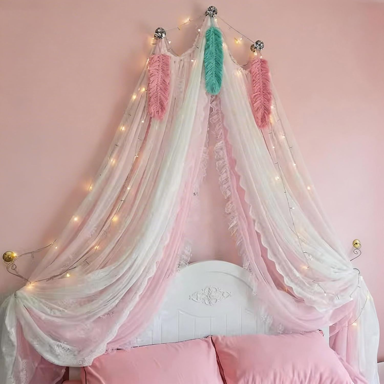 BK&MF Princess Lace Bed Canopy for Girls' Rooms, Double-Layer Tulle Bed Curtain with Crystal Accents, Fits All Bed Sizes, Easy Installation for Bedroom Decorative,B