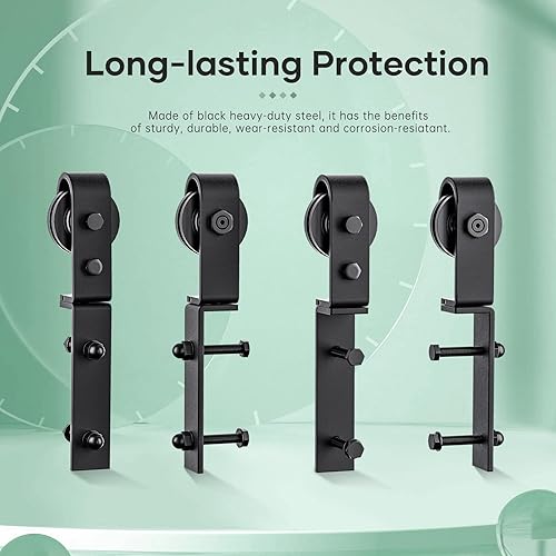 Miniatura 5 de Roymelo Kit de riel de herrajes para puerta corrediza de granero plegable de 70 pulgadas, rodillo negro montado lateral, suave y silencioso, fácil