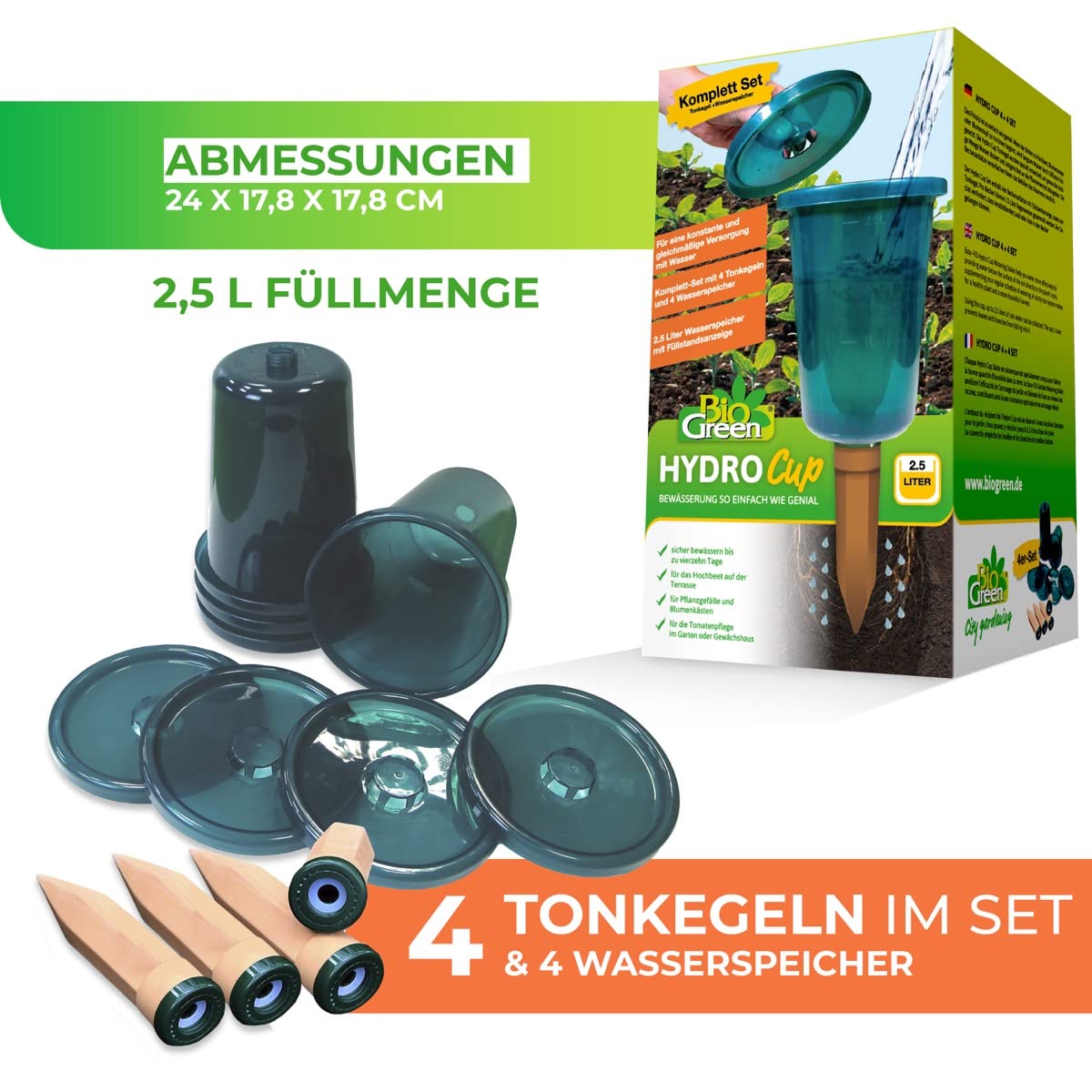 Bio Green Hydro Cup Set - 4 Coni Di Argilla E Serbatoi Da 2.5 Litri, Per Irrigazione Efficiente, Verde - Foto 9