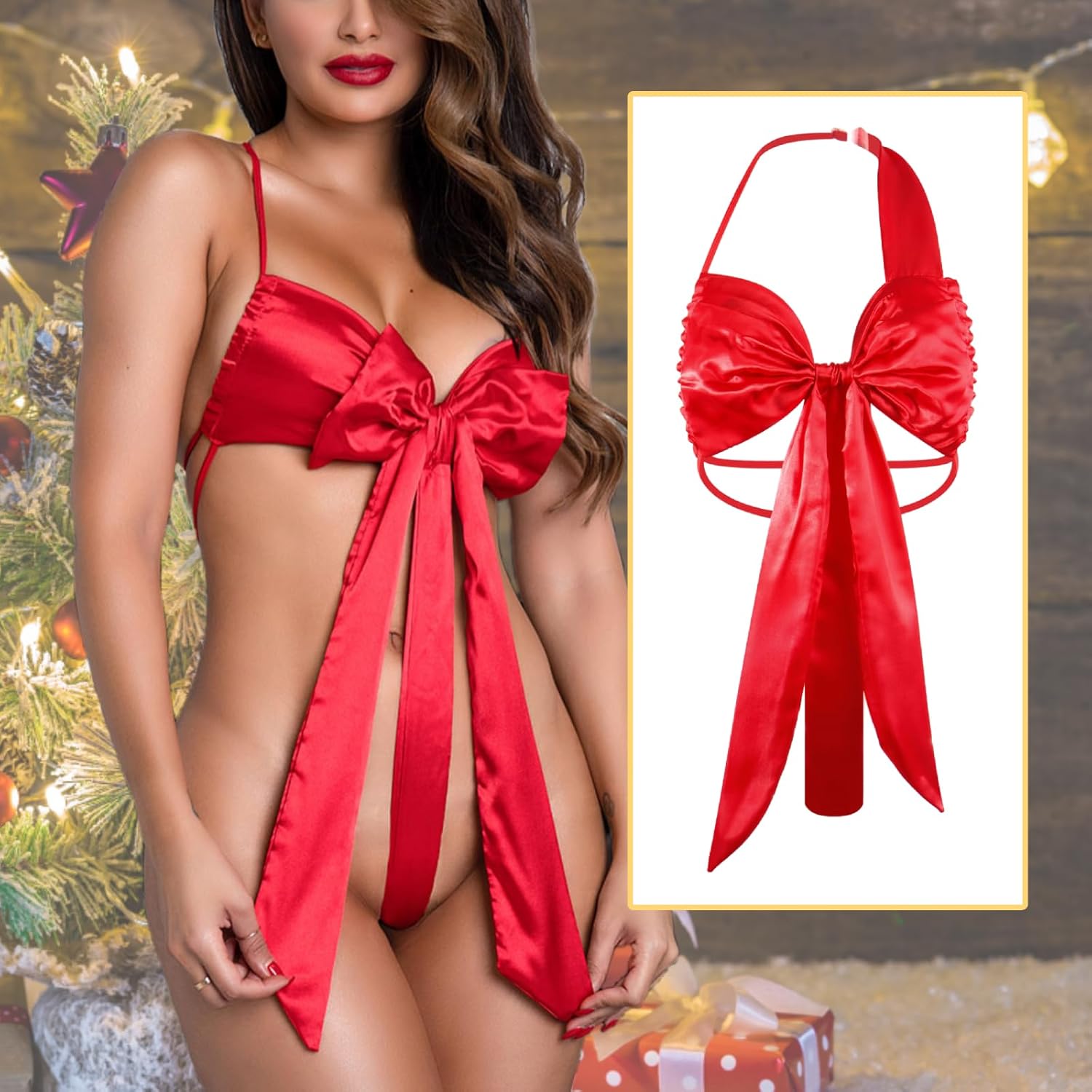 Women's Sexy Satin Babydoll Lingerie Teddy Bodysuit Unwrap Me Sleepwear Red Big Bow Gift Underwear for Valentine's Day - Image 2