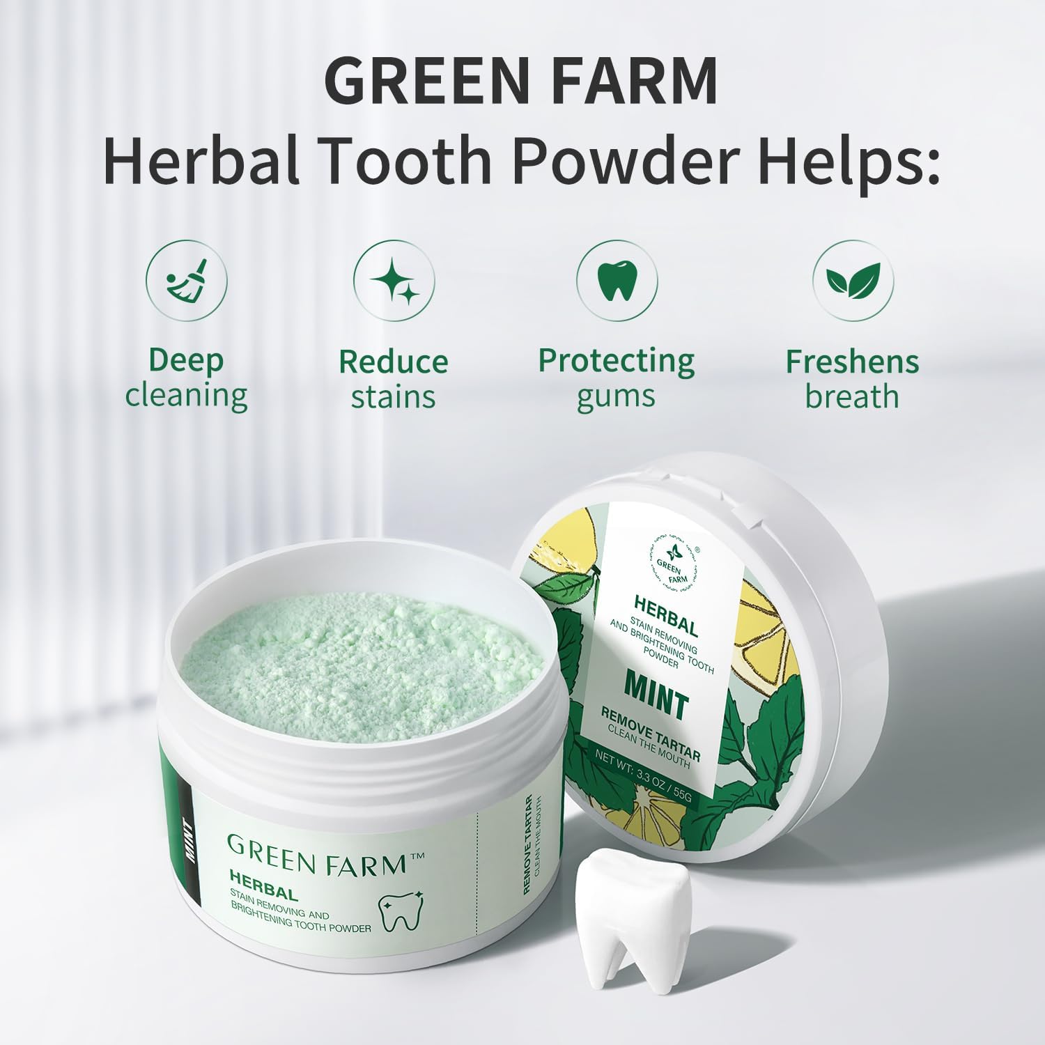 Natural Mint Tooth Powder with Xylitol - Enamel Safe Teeth Whitening Powder for Plaque Removal & Gum Care, Potent Herbal Formula, 3pcs