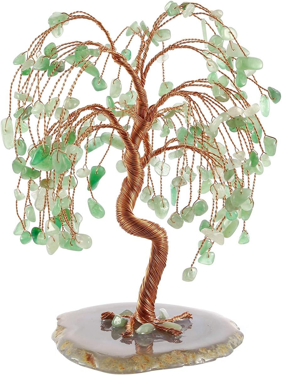 Top Plaza Green Aventurine Chakra Healing Crystals Copper Money Tree Wrapped On Natural Agate Slices Geode Base Lucky Reiki Feng Shui Figurine Statue