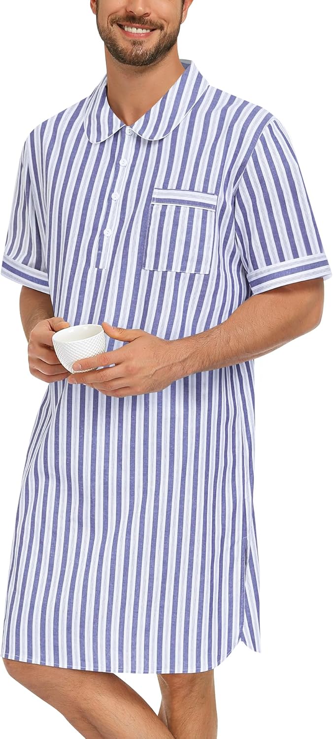 SWOMOG Men's Nightshirt 100% Cotton Short Sleeve Nightgown Button Down Sleep Shirt Soft Sleepwear Comfy Nightwear - Image 3