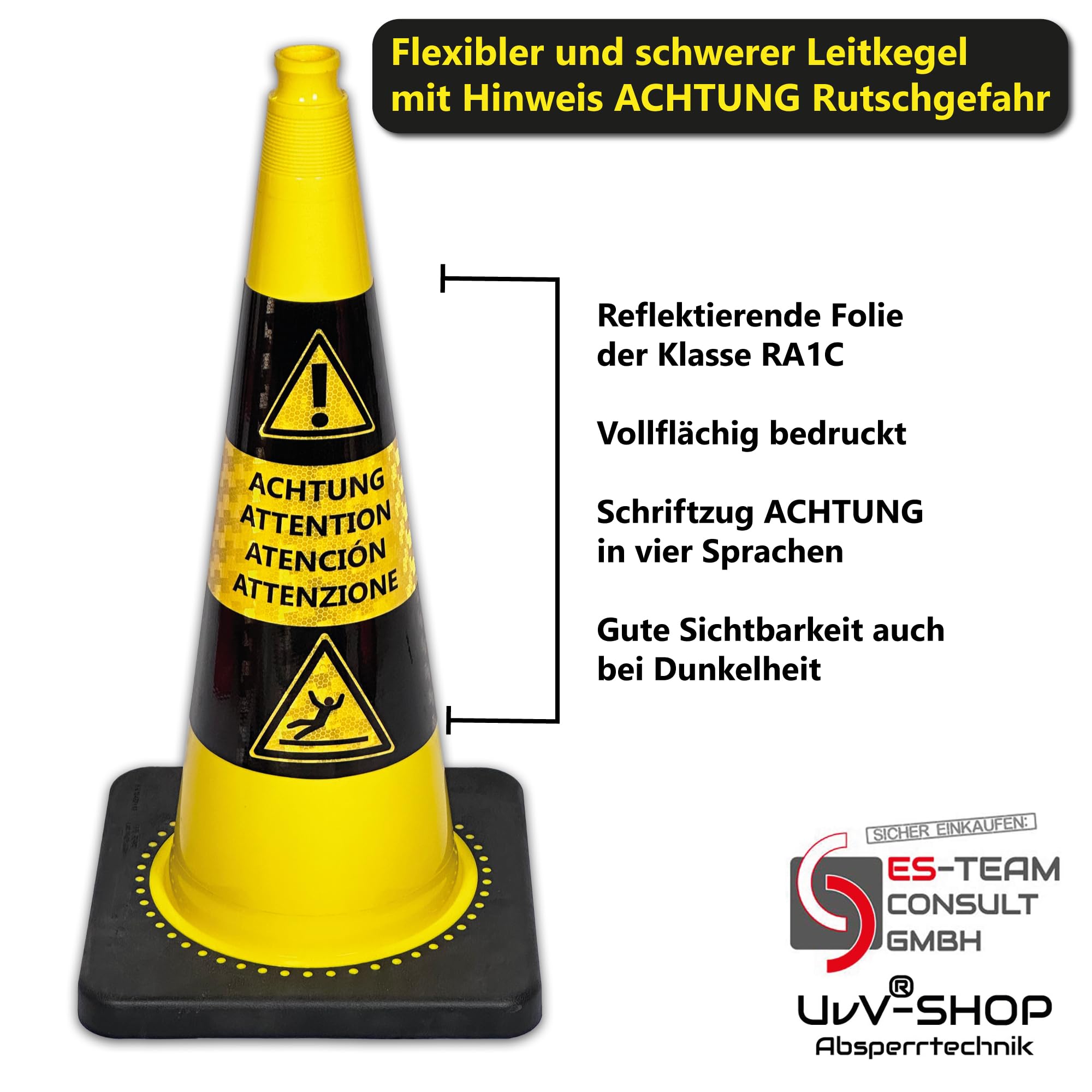 Leitkegel Rutschgefahr 75cm 4,5 kg gelb schwarz reflektierend mehr Sicherheit bei der Reingung von Böden