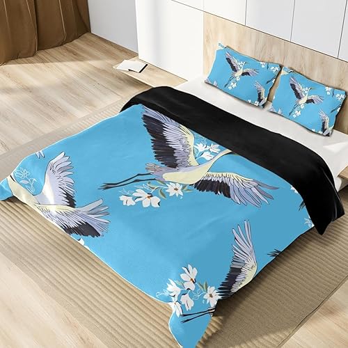 Miniatura 3 de Funda de edredón con diseño de grúa y flores, con cierre de cremallera, juego de ropa de cama de microfibra suave y ligera de 3 piezas con fundas de