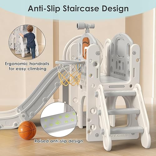 Miniatura 4 de BIERUM - Zona de juegos 9 en 1 con tobogán para niños pequeños, lanzamiento de anillo, aro de baloncesto y telescopio, área de juegos para niños