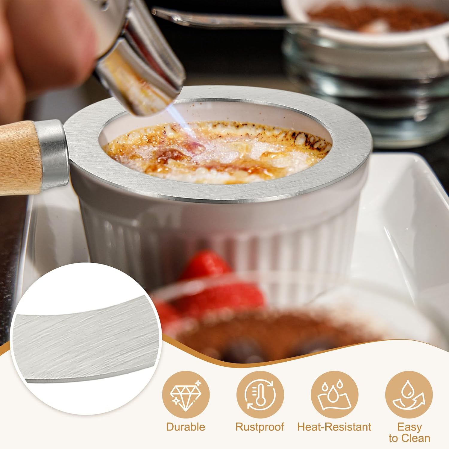 uxcell 2 Pcs Stainless Steel Baking Cup Ring, Tea Cups Gasket 105mm Milk Coffee Rim Covers for DIY Milk Tea Dessert Brulee Coffee Making, Silver Tone/Wood Color image 4
