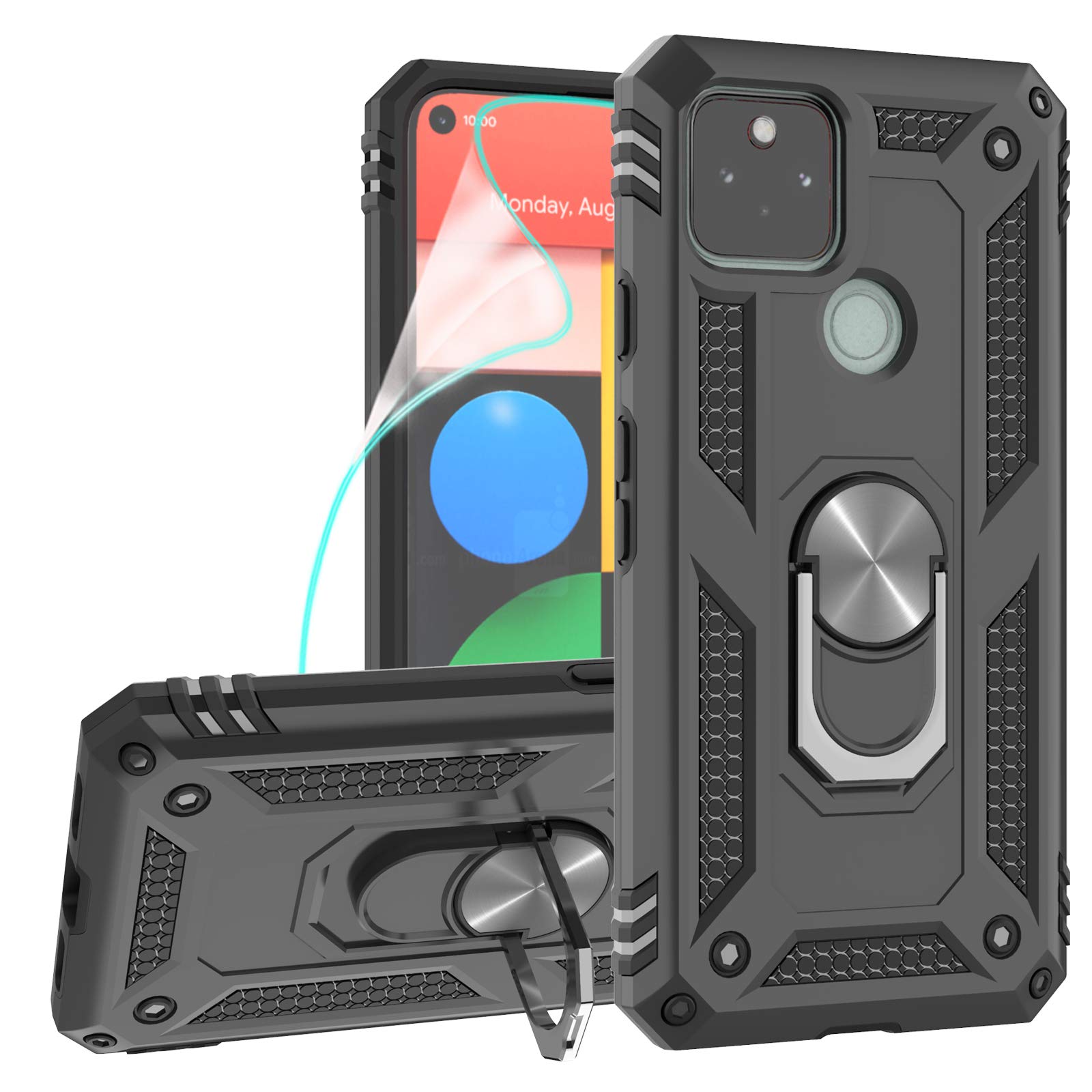 ZingCon Compatible for Google Pixel 5 Case,[HD Screen Protector] Military Grade Ring Holder Stand Kickstand Phone Cases Fitting Magnetic Car Mount for Pixel 5-Black