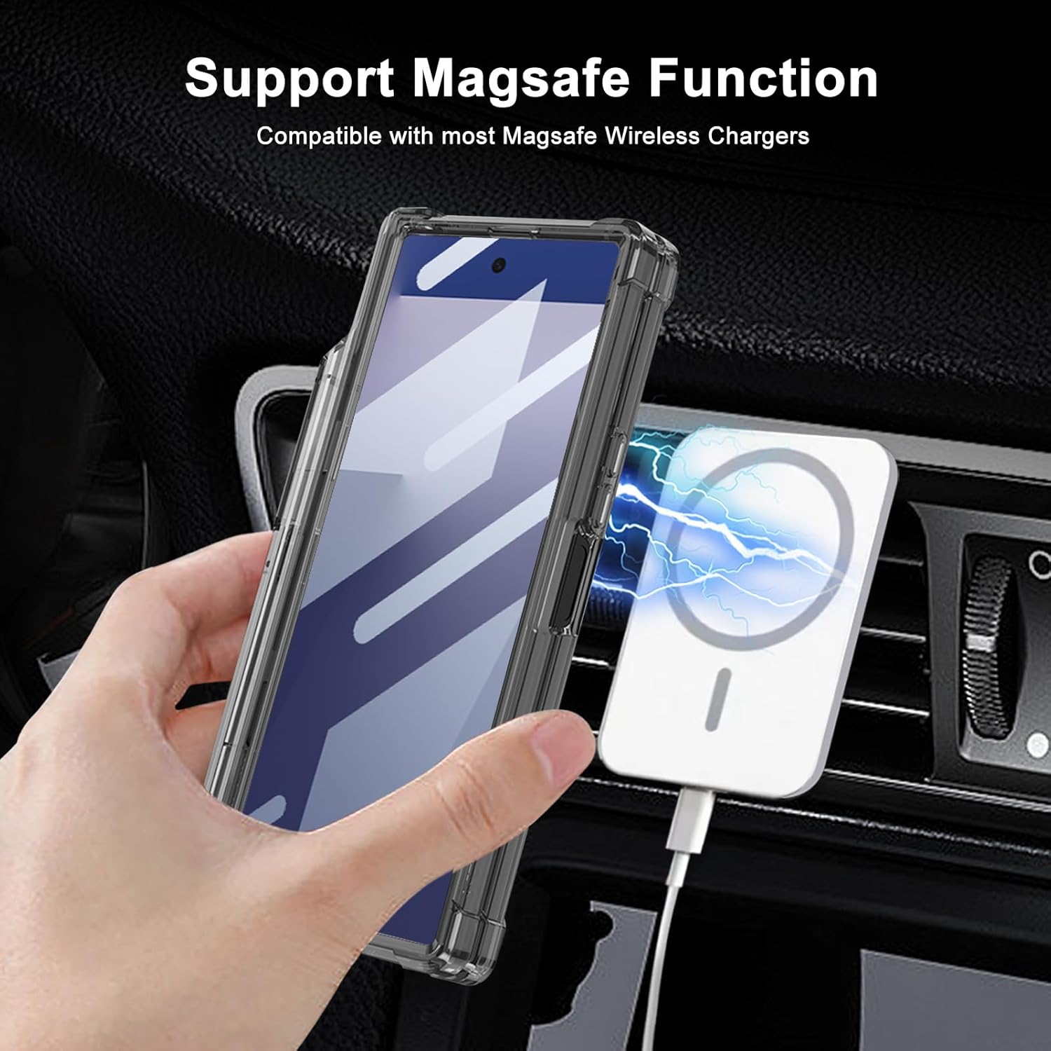 DOOTOO for Samsung Galaxy Z Fold 7 Clear Case [Compatible with MagSafe] with Pen & S Pen Holder Hinge Protection Screen Protector All-Inclusive Shockproof Cover (Clear Black)