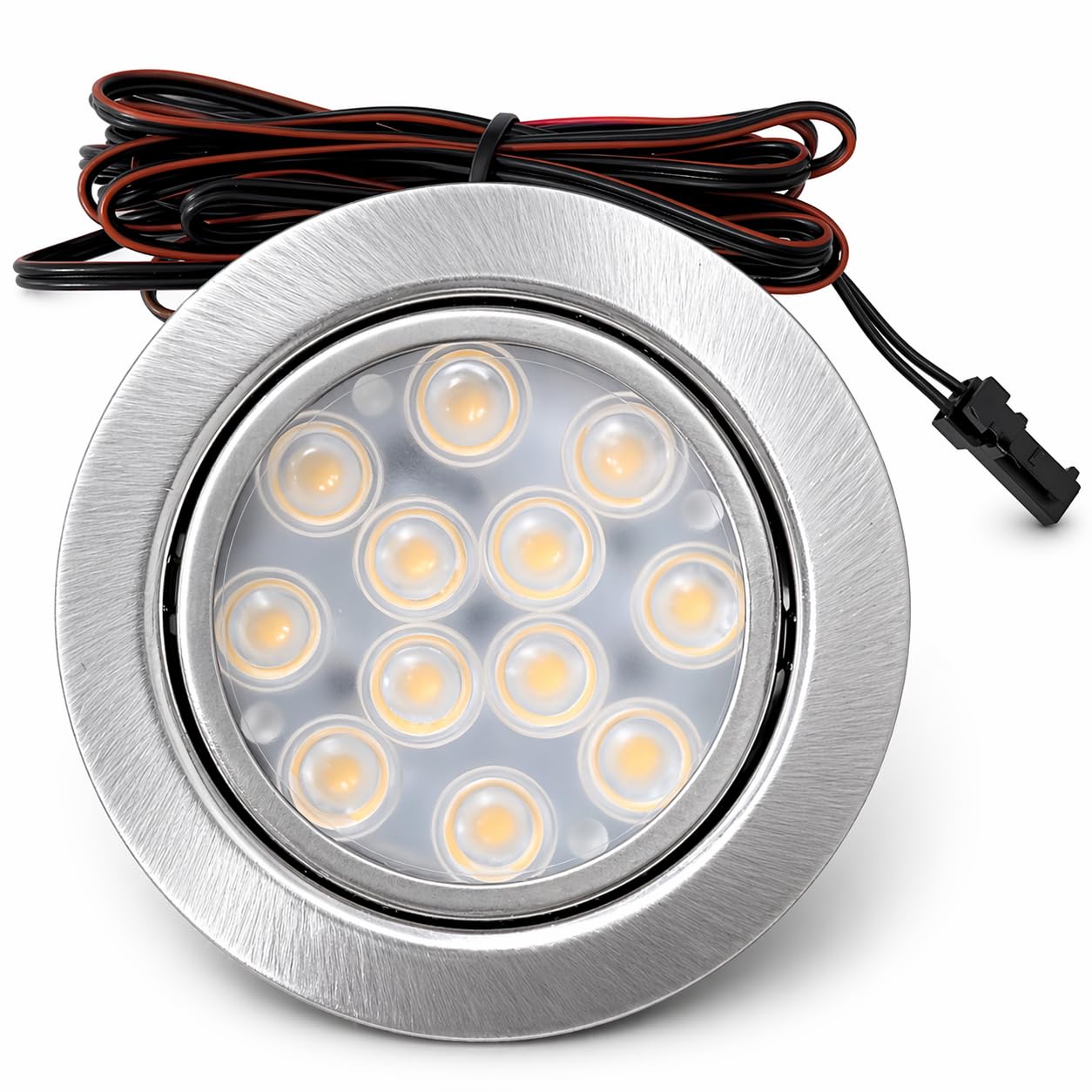 3er Set: Flache LED Einbauspots Alina, 3W, warmweiß (3000K), 200lm, 12V, mit 15W LED Trafo Satz. Für Wohnzimmer, Küche und Bad. Plug-and-Play-System, 20° schwenkbar, Farbe Edelstahl gebürstet.
