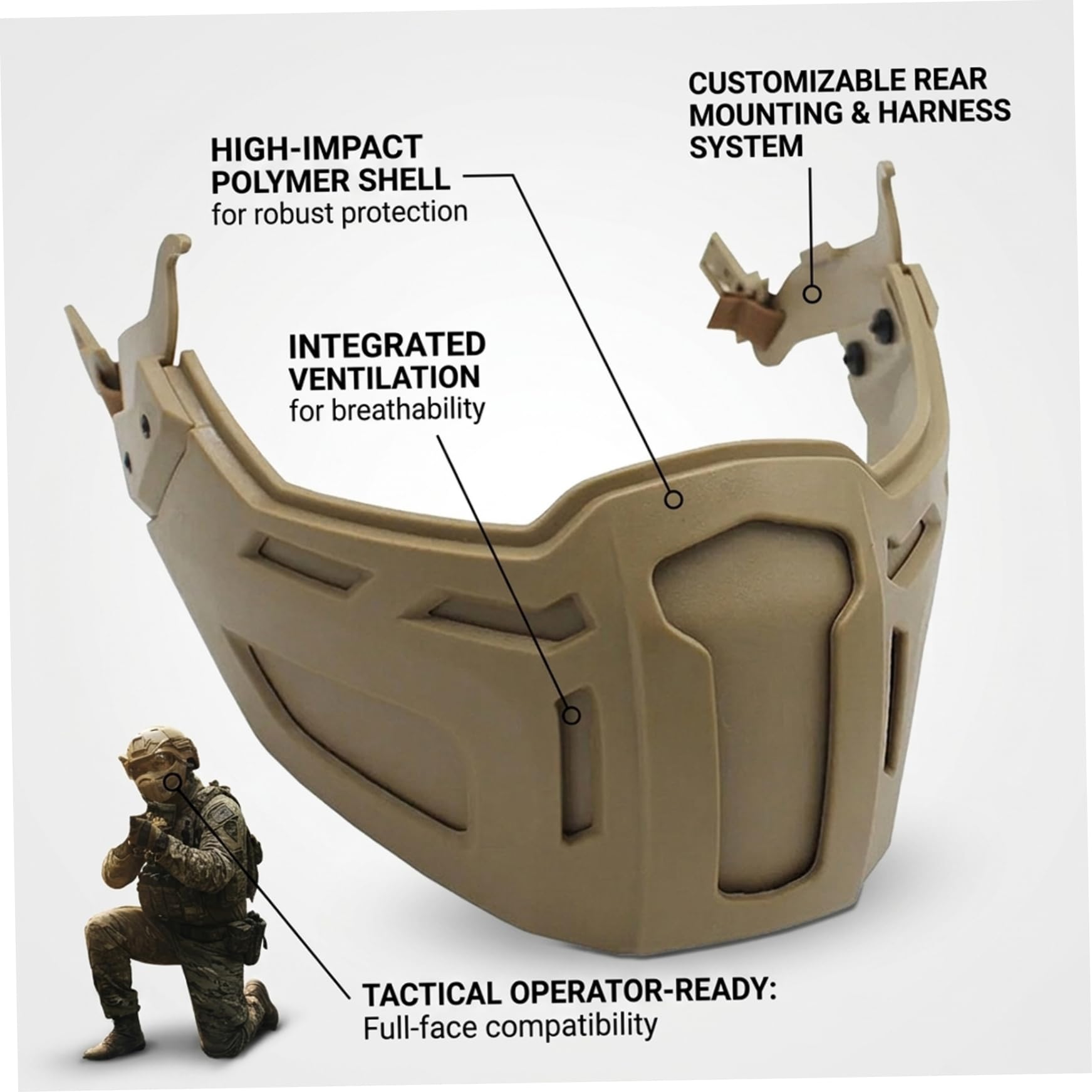 Protection du Visage Airsoft, Masque intégral Airsoft, Demi-Bouclier Compatible avec Casque avec Zone de Protection de 11 cm pour Les activités Plein air (Argile)