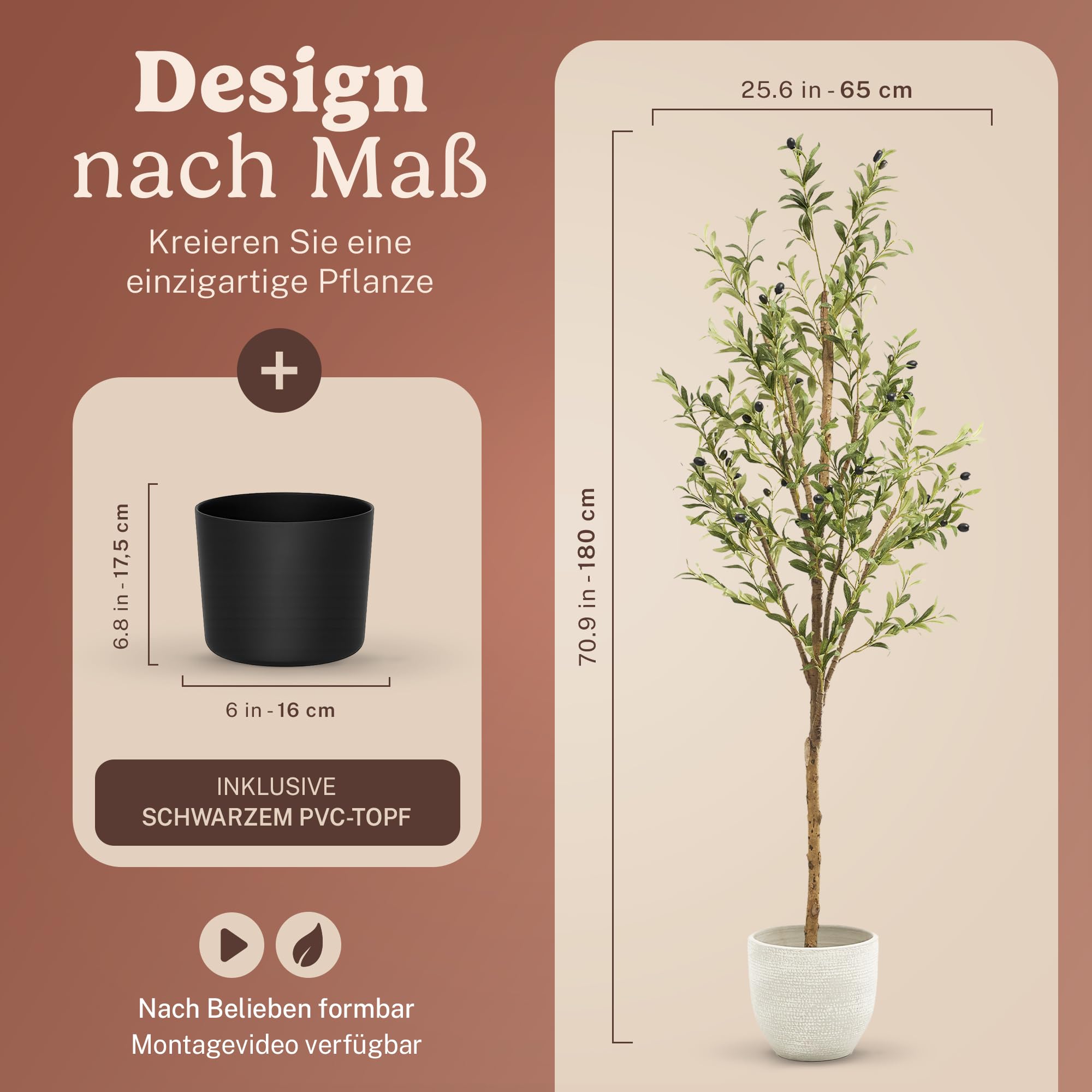 MAIA SHOP Olivenbaum Künstlich Minimal 180 cm - Kunstbaum wie Echt | Künstlicher Olivenbaum mit Naturholzstamm und Oliven für Wohnzimmer Flur Büro - Schwarzer Topf Inklusive