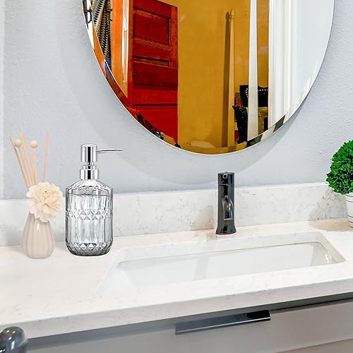 Miniatura 7 de Dispensador de jabón de vidrio de 14 onzas, dispensador de jabón de manos recargable con bomba de acero inoxidable, diseño de diamante vintage para