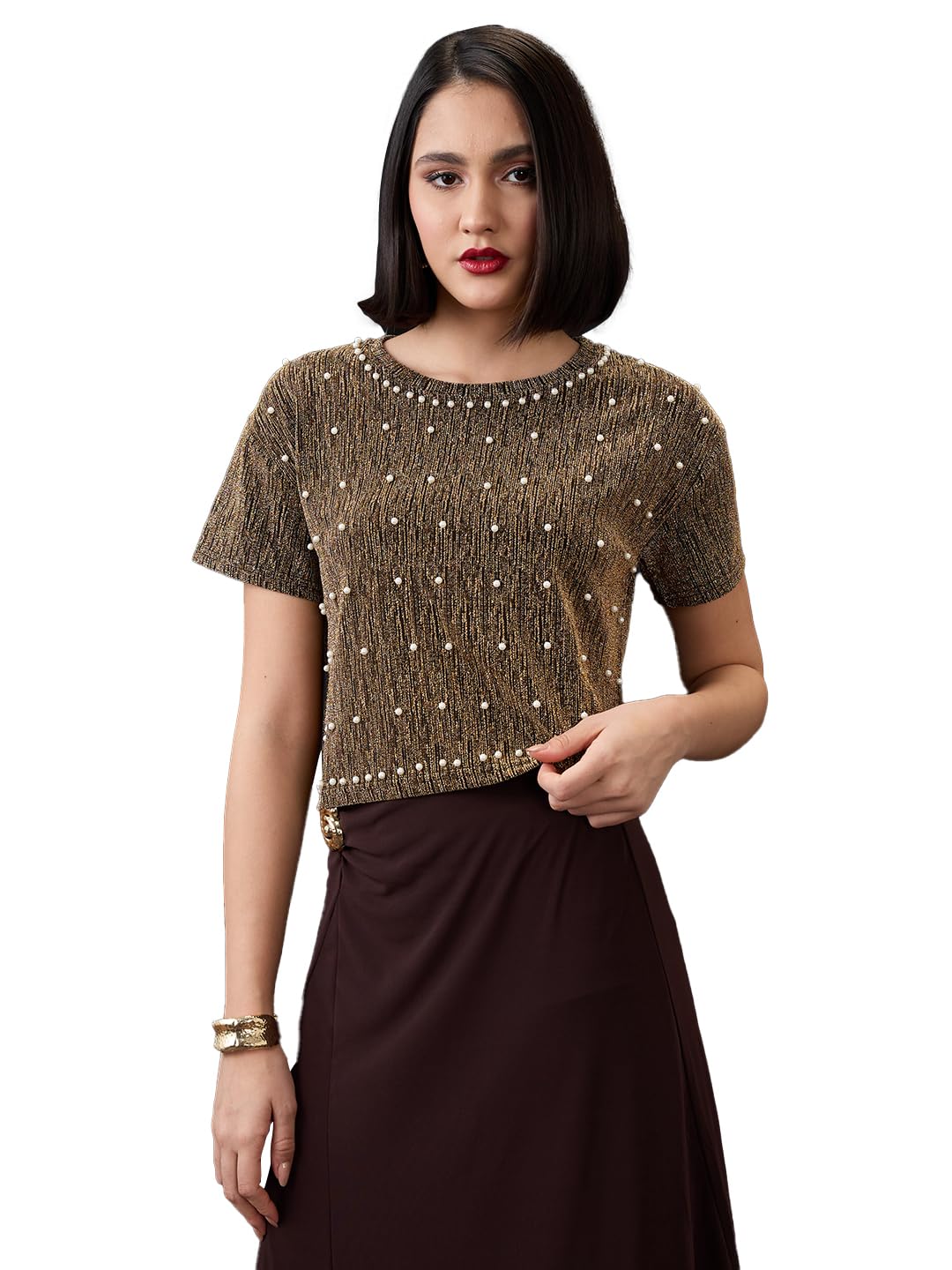 Globus Women Round Neck Pearl Embellished Detail Lurex Party Crop Top-image-29