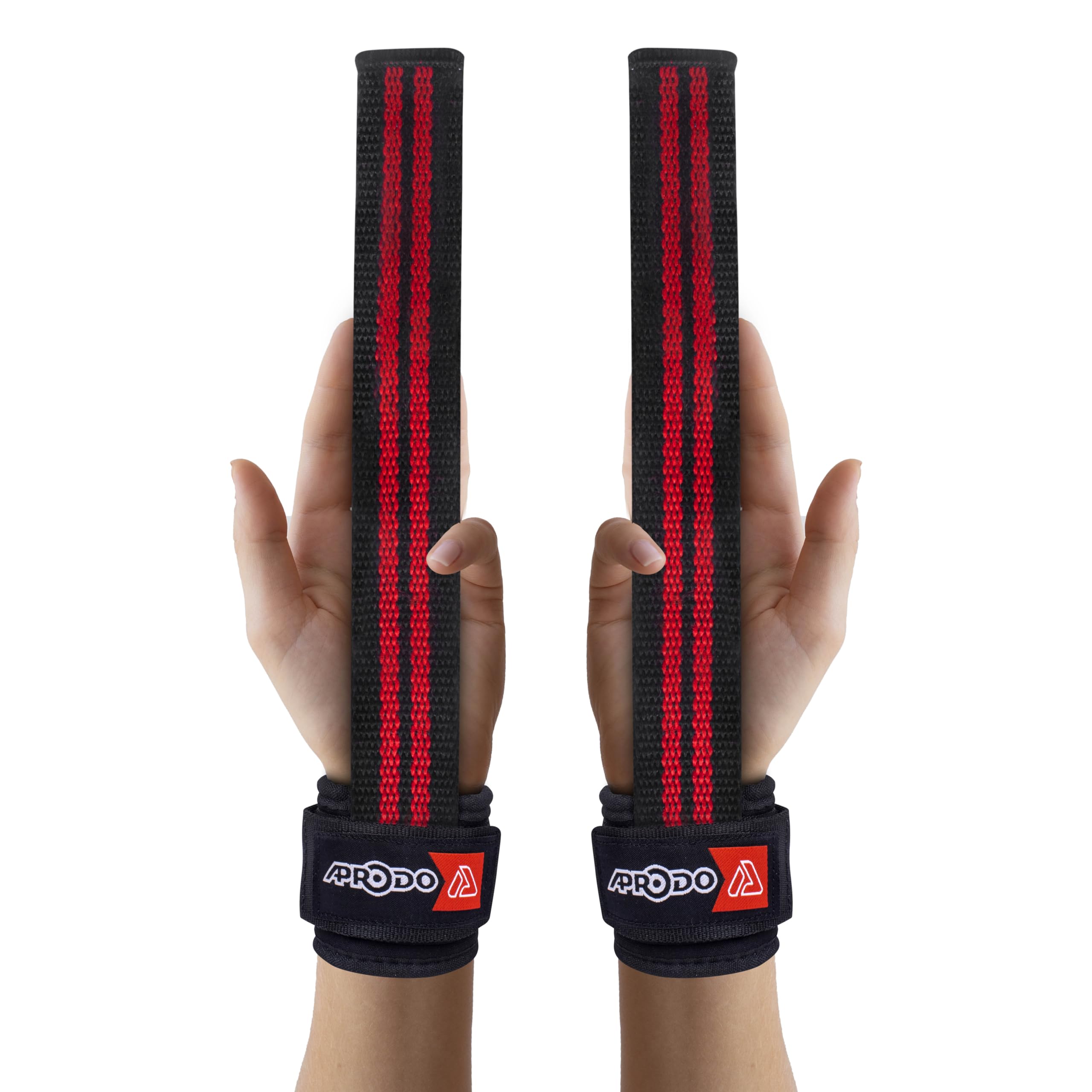 Aprodo Power Weight Lifting Cotton Bar Straps with Wrist Support Wraps, Gym Workout, Bodybuilding, Powerlifting, Strength Training for Men and Women (Black and Red)