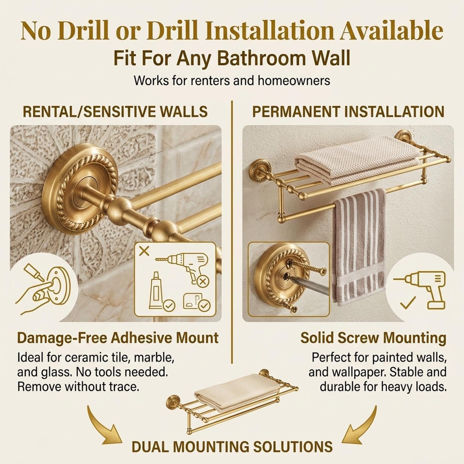 Moderno toallero de pared de 2 niveles en latón cepillado – sin taladrar, cobre antiguo H para el hogar y el hotel – Dimensiones: 62 x 24 x 17 cm / 24.4x9.4x6.7in