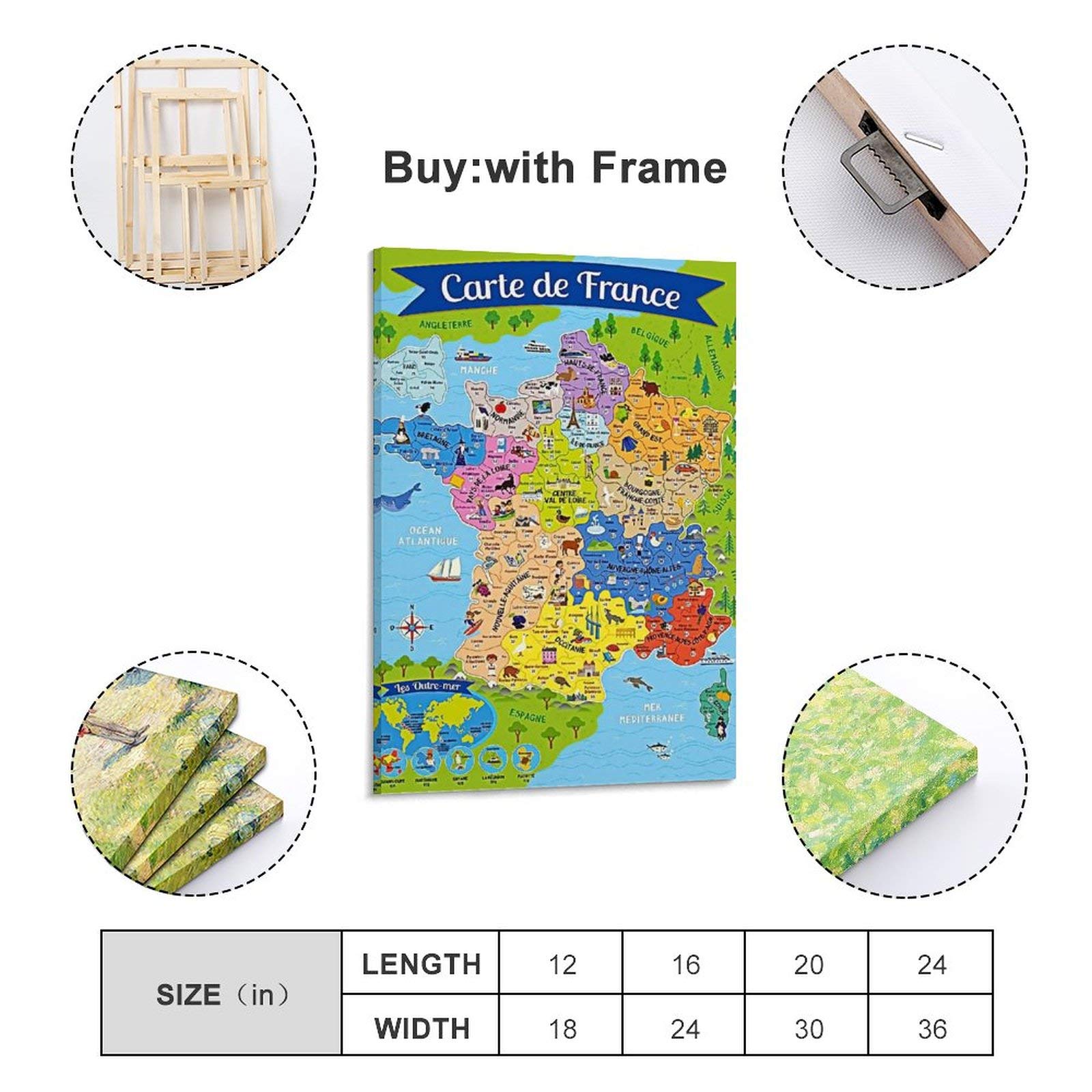 TUOXIE Poster carte de France pour enfants Peinture décorative sur toile Art mural Posters Salon Chambre 50 x 75 cm