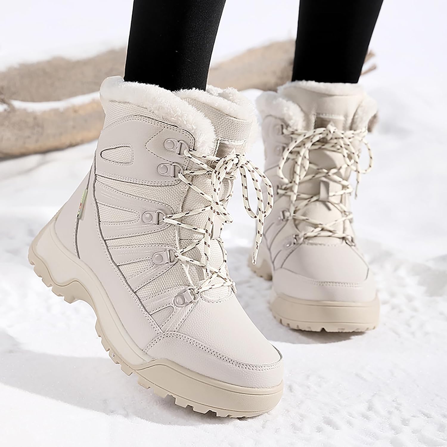 Women's Winter Warm Fur Lined Snow Boots Lace-Up Waterproof Lug sole Mid-Calf Hiking Boots