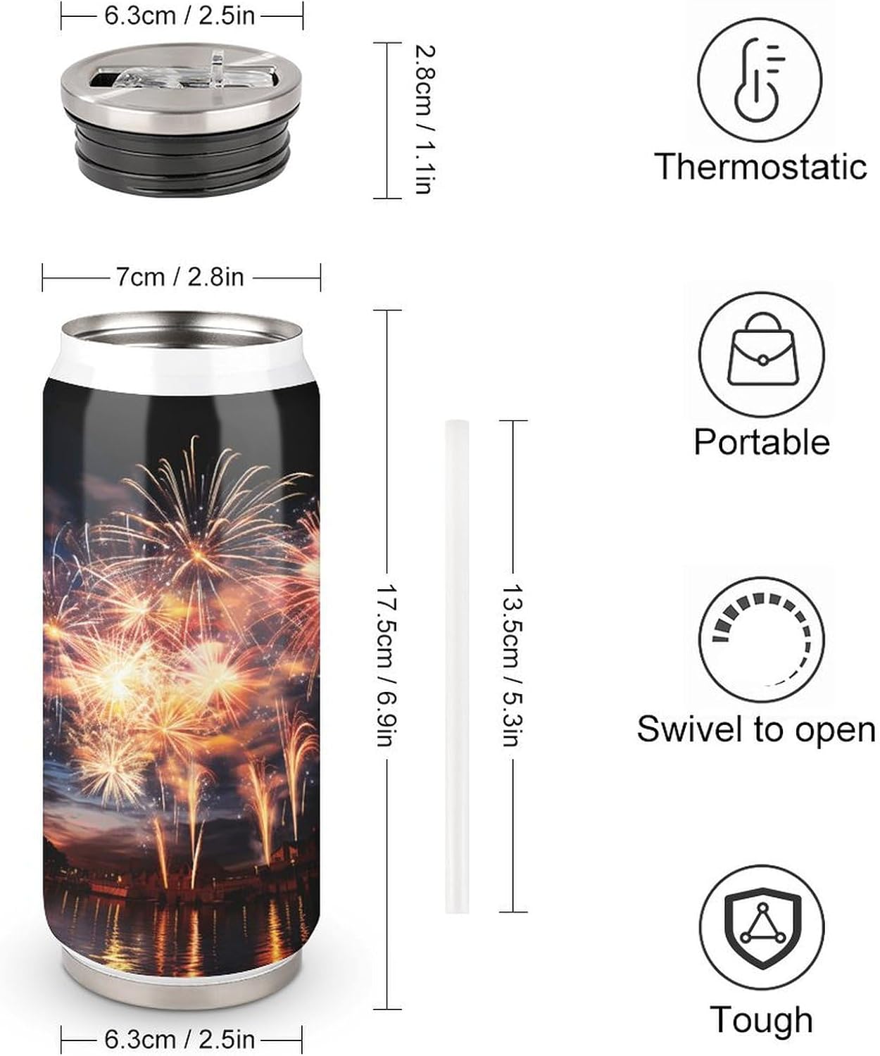 Stainless Steel Cups Beautiful Fireworks Printed Coke Cup Stainless Steel Insulated Cups with Lid And Straw