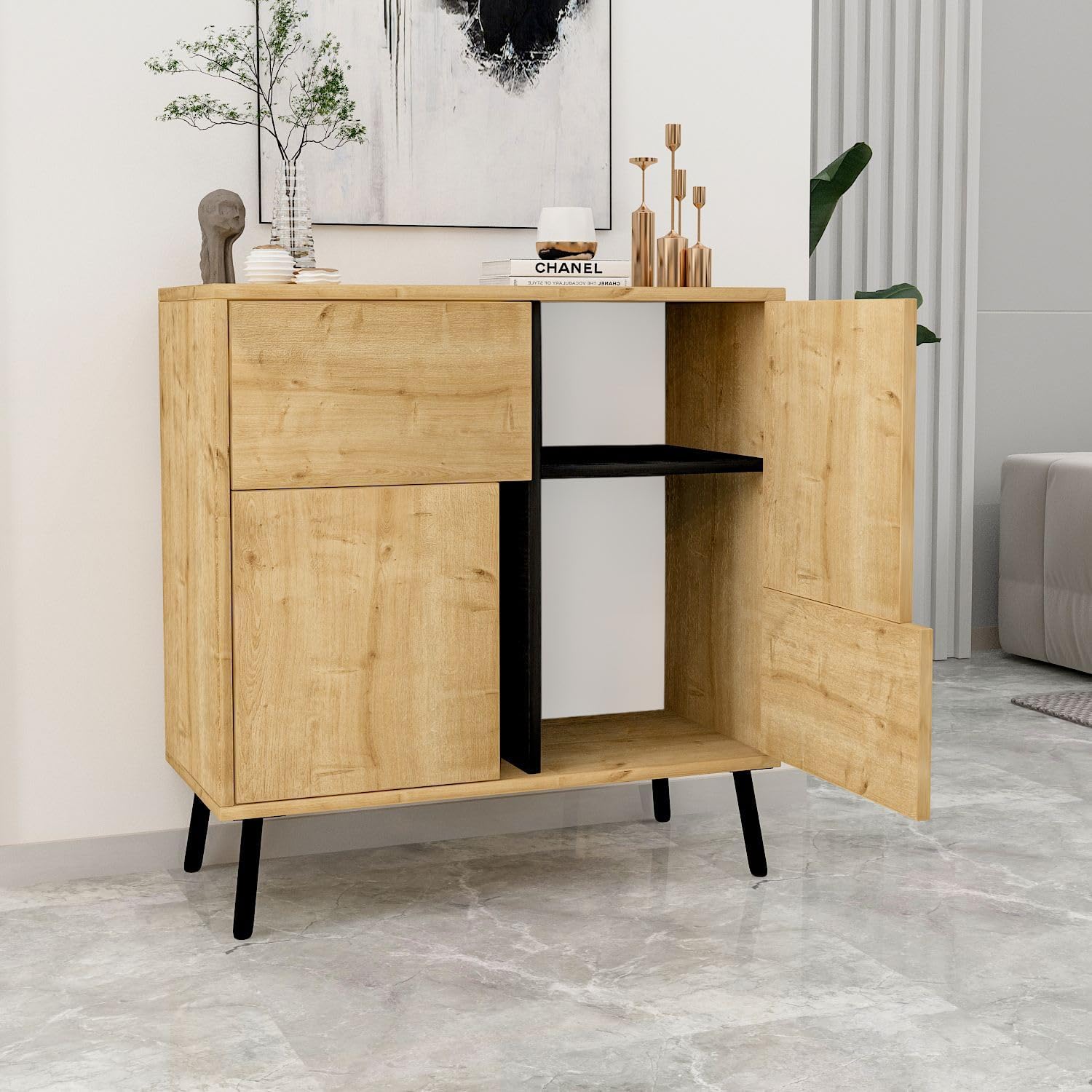 Sapphire Oak & Black Multi-Purpose Cabinet, 76.5 x 79.5 x 35 cm, 100% Melamine Coated, 18mm Thick, Wall-Mountable, Stylish Storage Solution