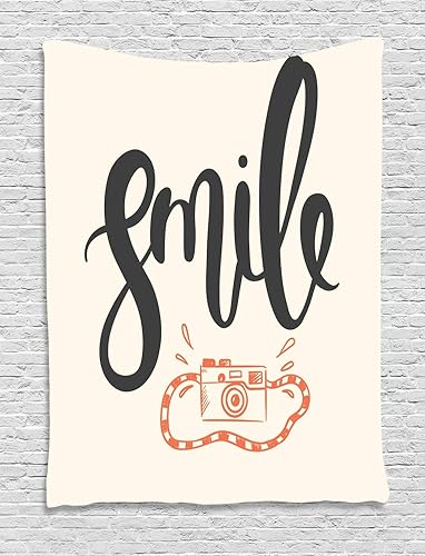 Lunarable Smile Tapestry, Cursive Calligraphy with Retro Camera Photography Themed, Wall Hanging for Bedroom Living Room Dorm Decor, 60" X 80",