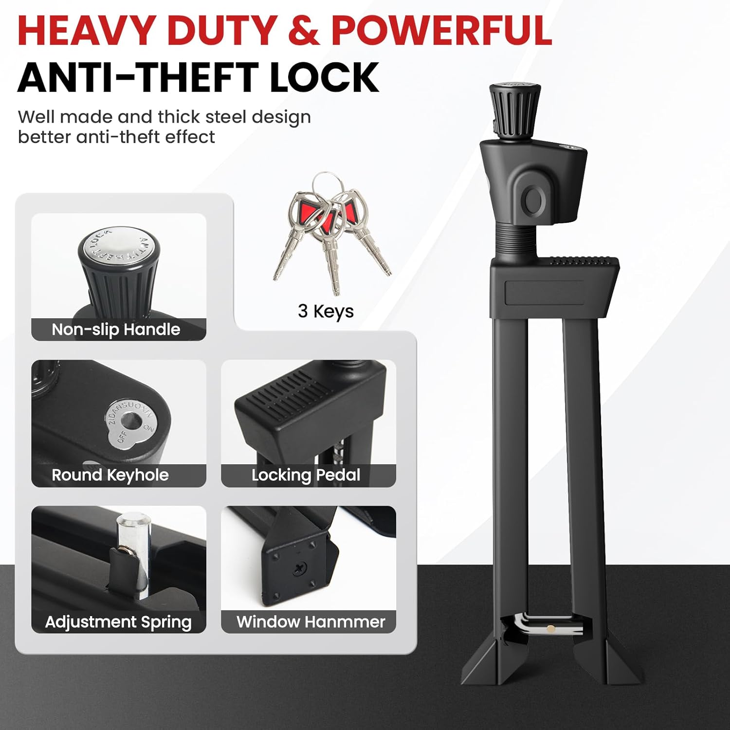 Brake Pedal Lock, Car Anti Theft Device, Heavy-Duty Retractable Car Theft Prevention Device, Universal Car Clutch Pedal Lock for Car Truck SUV Van Security with 3 Keys