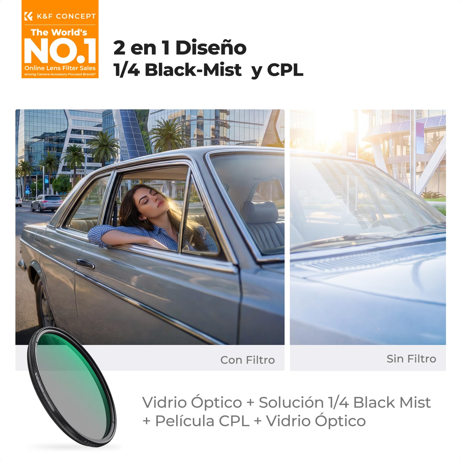 K&F CONCEPT 72mm Nano-Xcel Filtro CPL&Black-Mist TrueColor&Reflex UltraBaja | CPL & Black Difussion 1/4 Filtro True Color & Reflexión Ultra Baja con Revestimiento Nano,Un Paño de Limpieza - FA710